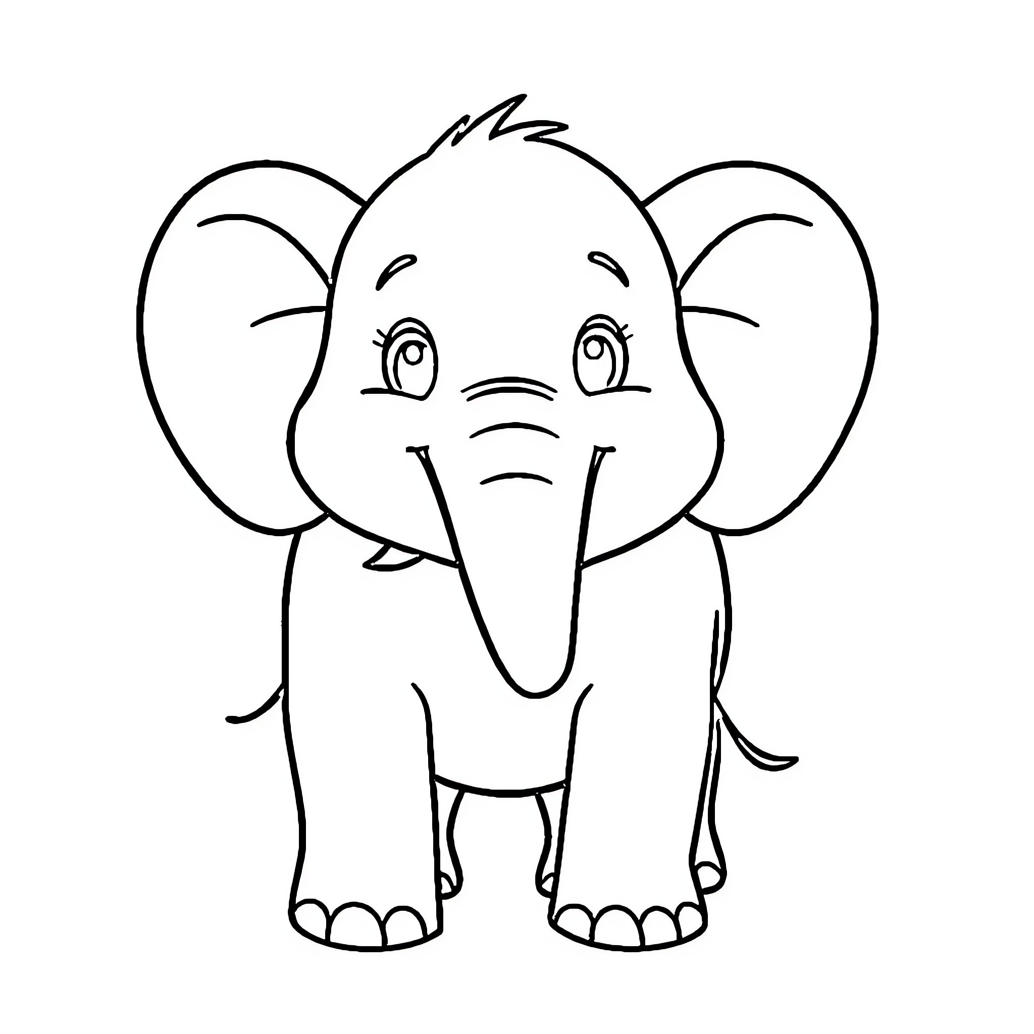 Elephant with cute expression Coloring Page (free black-and-white line drawing printable PDF for all, from beginners to advanced learners, including children, teens, adults, and seniors)