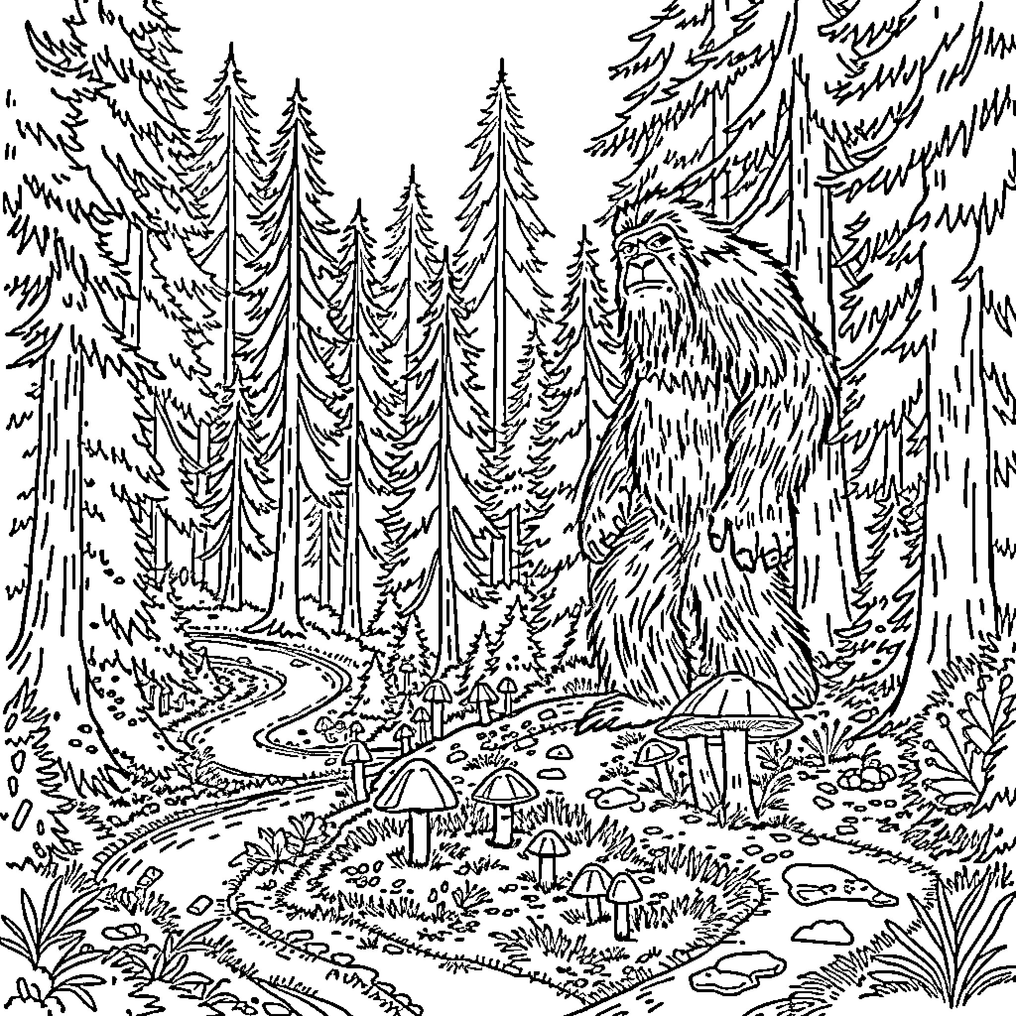 Bigfoot exploring the mysterious forest Coloring Page (free black-and-white line drawing printable PDF for all, from beginners to advanced learners, including children, teens, adults, and seniors)