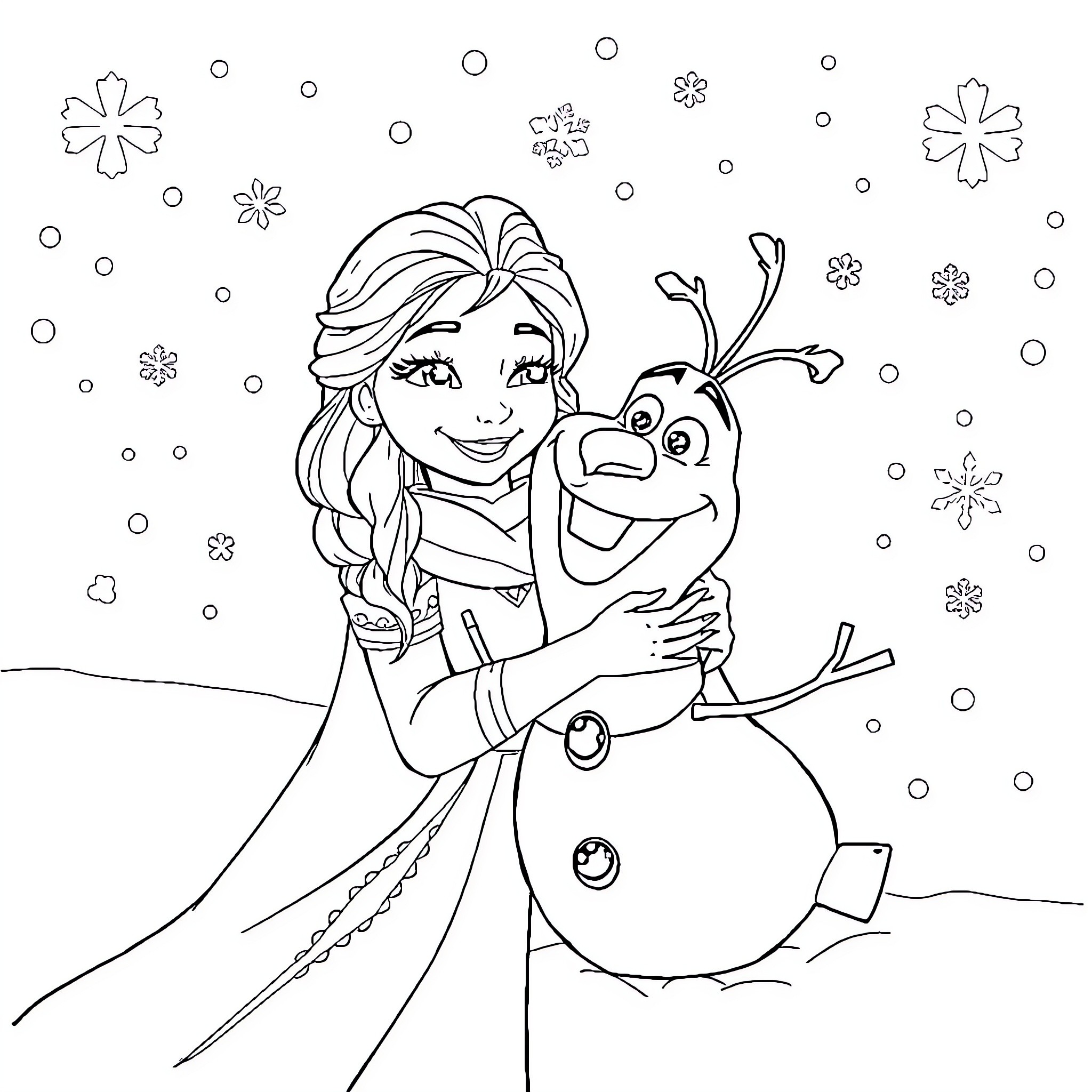 Snow Queen making a snowman with Olaf in the winter Coloring Page (free black-and-white line drawing printable PDF for all, from beginners to advanced learners, including children, teens, adults, and seniors)