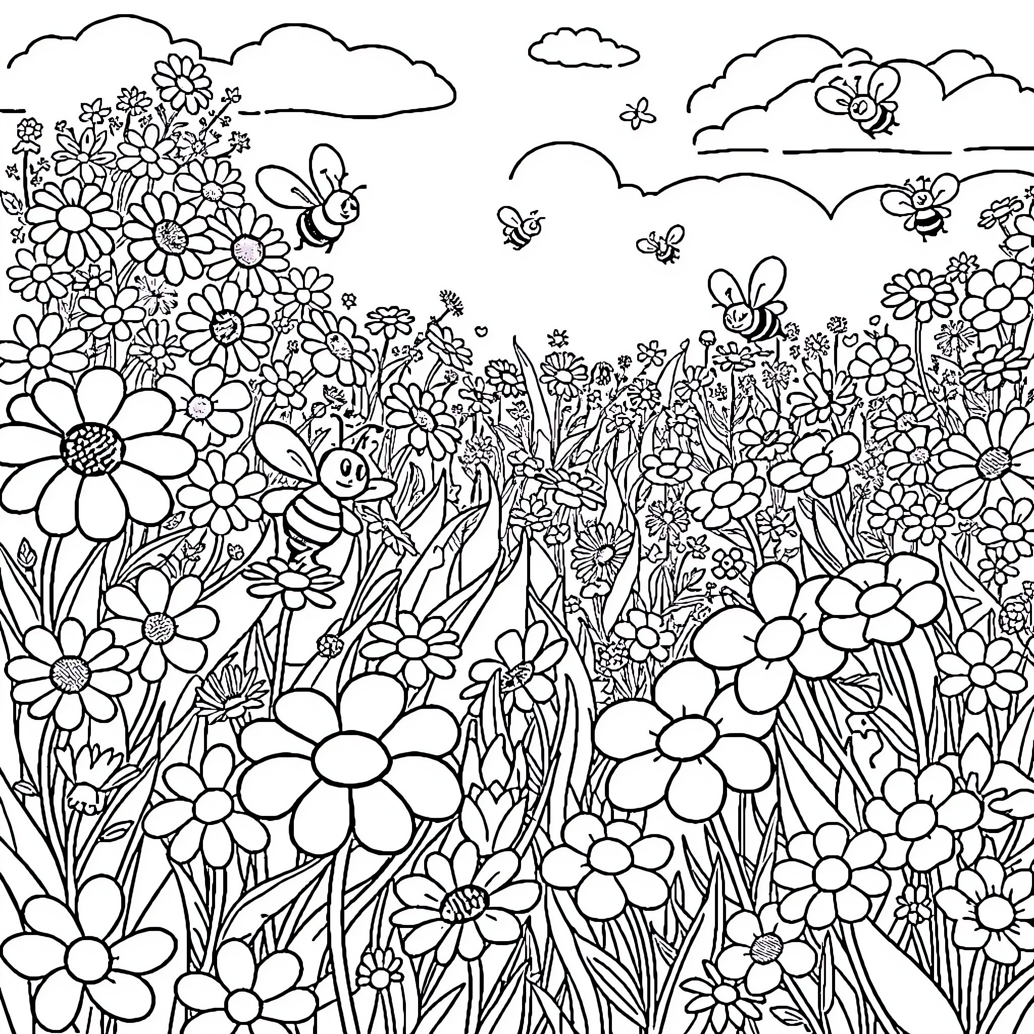 Bees buzzing amidst blooming flowers in a lush garden Coloring Page (free black-and-white line drawing printable PDF for all, from beginners to advanced learners, including children, teens, adults, and seniors)