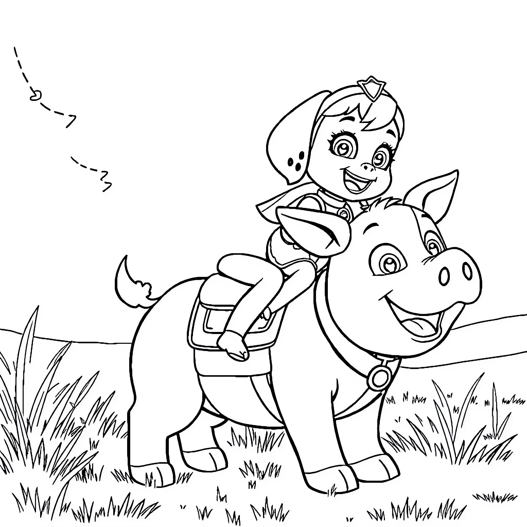 Skye riding a playful pup in the meadow Coloring Page (free black-and-white line drawing printable PDF for all, from beginners to advanced learners, including children, teens, adults, and seniors)