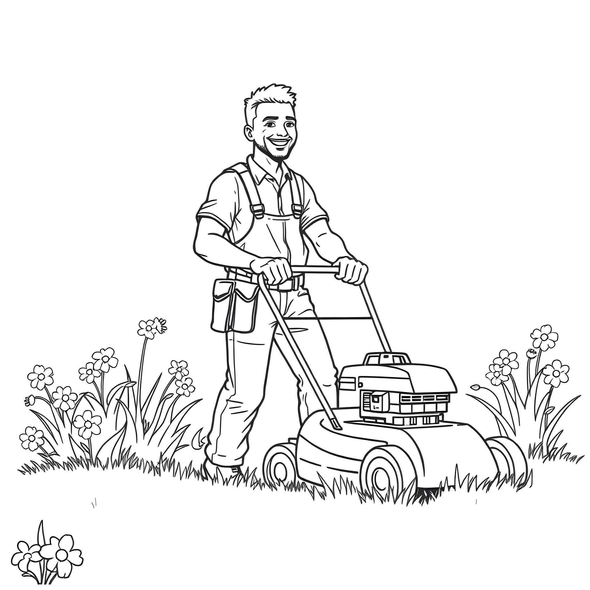 Man mowing the lawn with a lawnmower Coloring Page (free black-and-white line drawing printable PDF for all, from beginners to advanced learners, including children, teens, adults, and seniors)