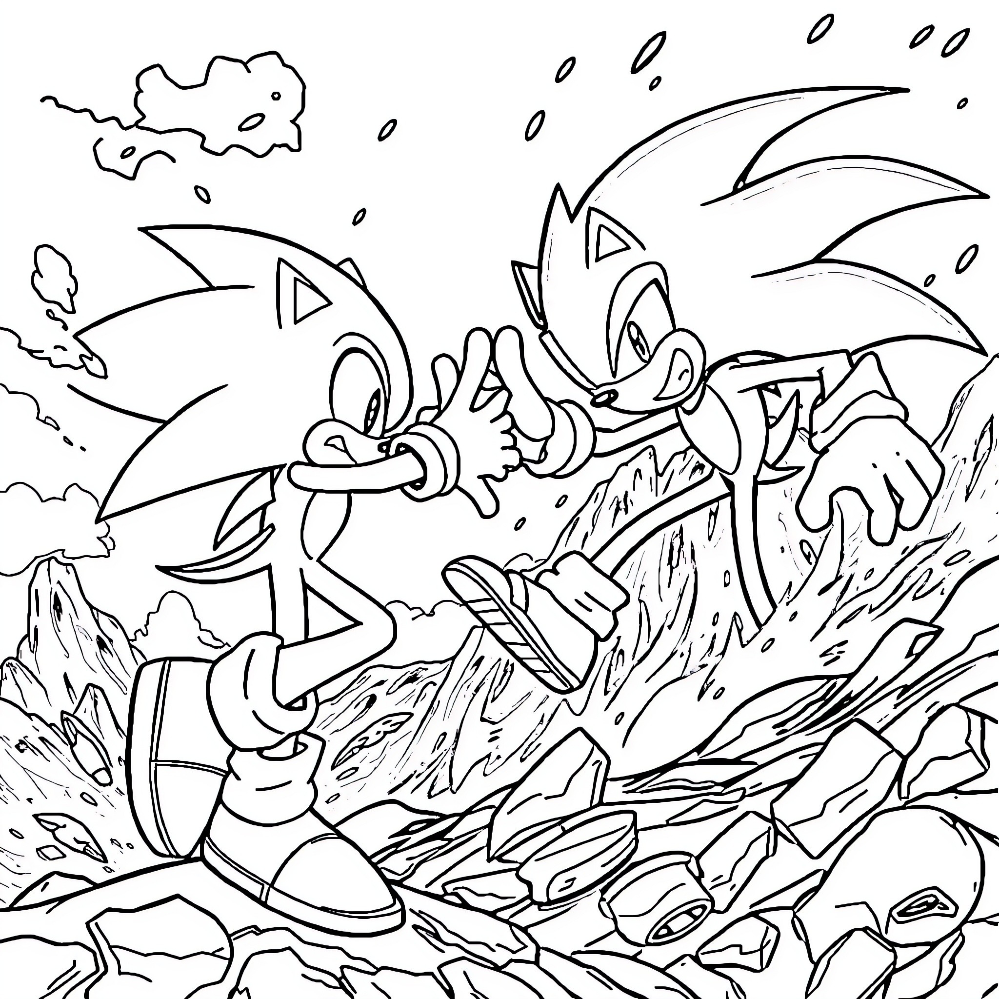 Sonic racing through a rugged landscape Coloring Page (free black-and-white line drawing printable PDF for all, from beginners to advanced learners, including children, teens, adults, and seniors)