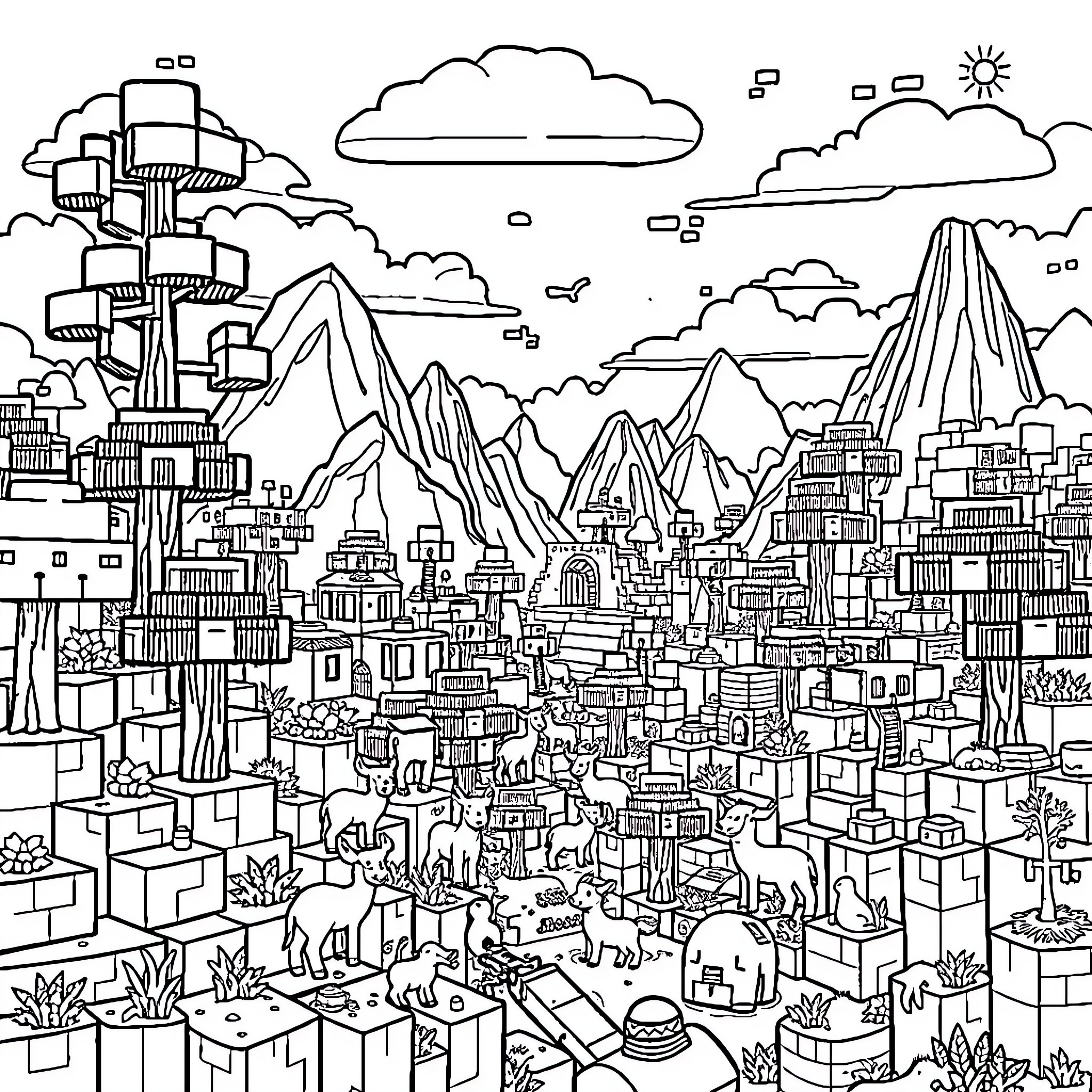 Minecraft Landscape with Mountainous Terrain and Bustling City Coloring Page (free black-and-white line drawing printable PDF for all, from beginners to advanced learners, including children, teens, adults, and seniors)