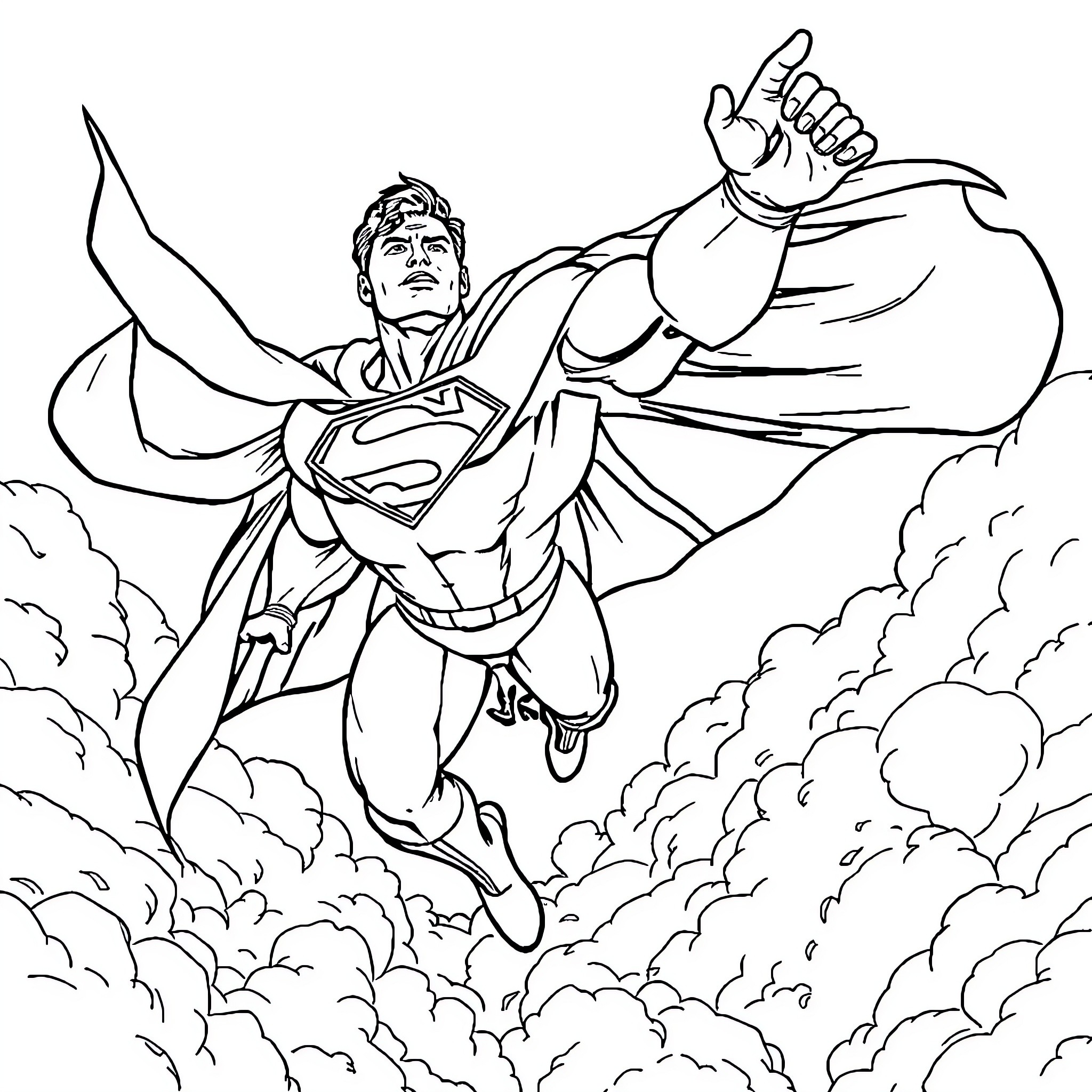 Superman soaring heroically through the sky Coloring Page (free black-and-white line drawing printable PDF for all, from beginners to advanced learners, including children, teens, adults, and seniors)