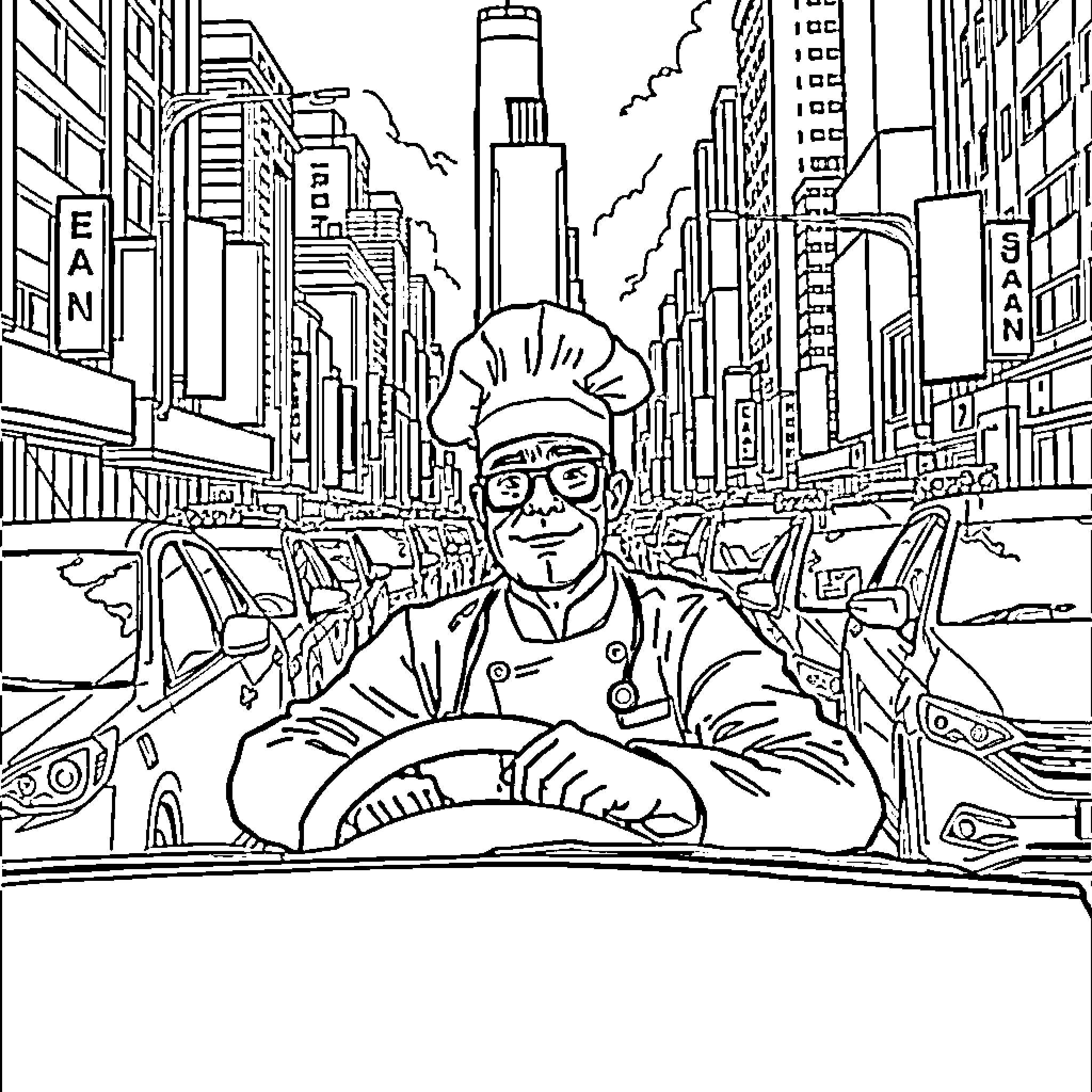 Chef Cooking Up a Storm in the City Coloring Page (free black-and-white line drawing printable PDF for all, from beginners to advanced learners, including children, teens, adults, and seniors)