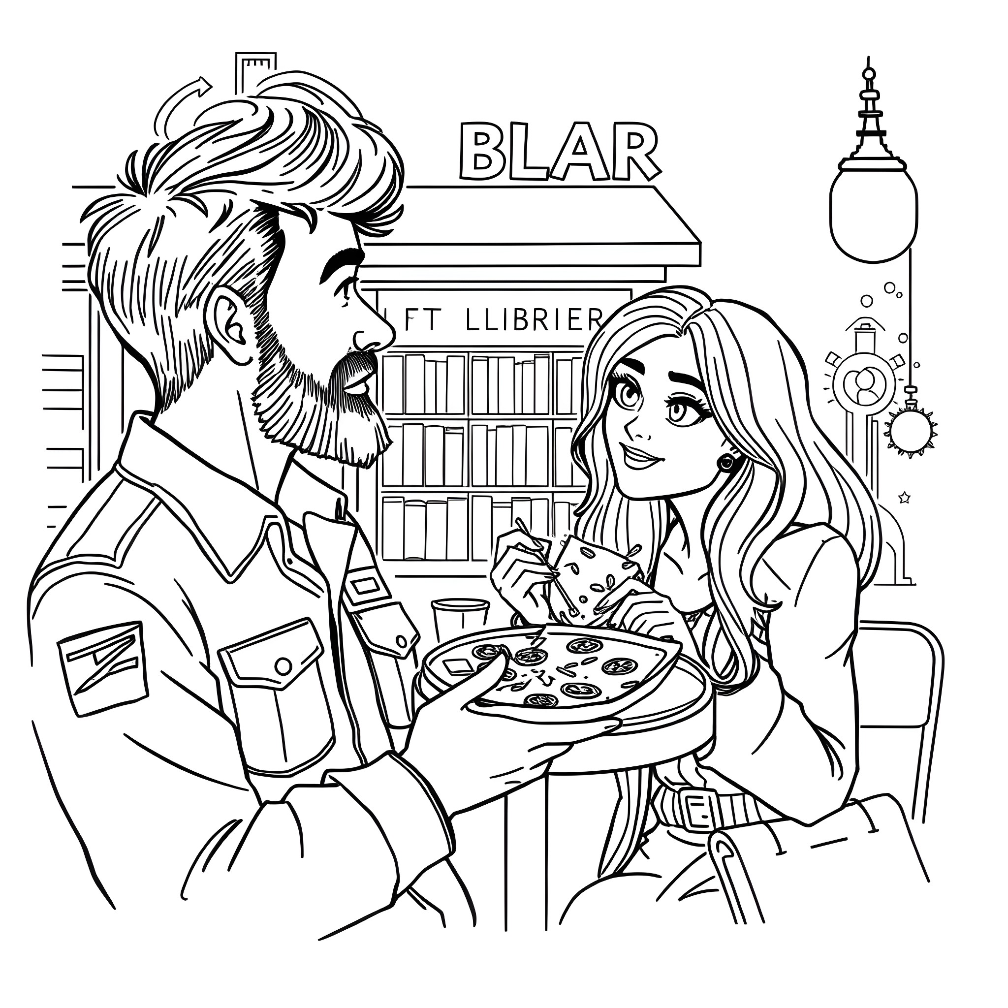 Husband enjoying a meal with his wife at the library Coloring Page (free black-and-white line drawing printable PDF for all, from beginners to advanced learners, including children, teens, adults, and seniors)