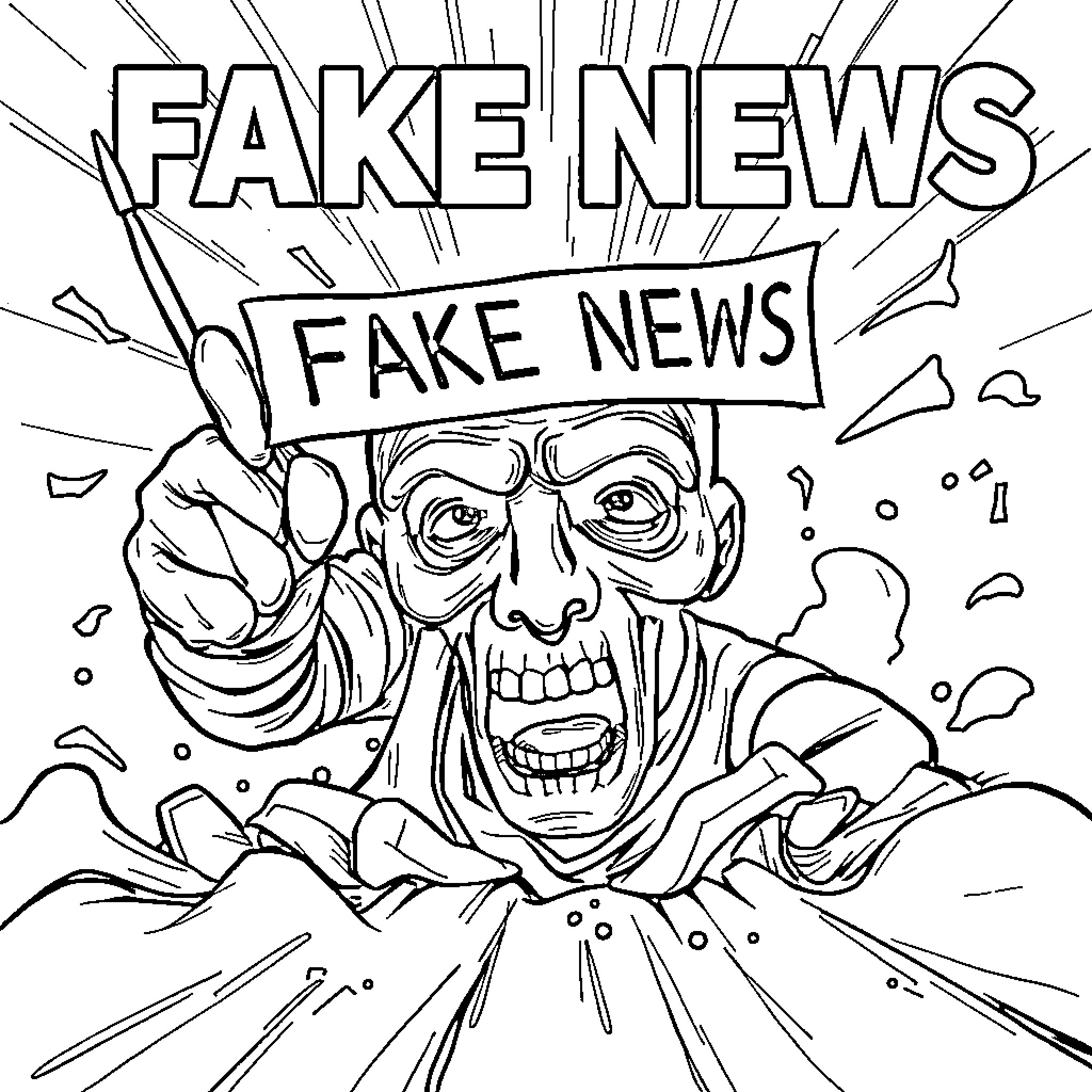 Fake News: Shouting man with distorted face Coloring Page (free black-and-white line drawing printable PDF for all, from beginners to advanced learners, including children, teens, adults, and seniors)