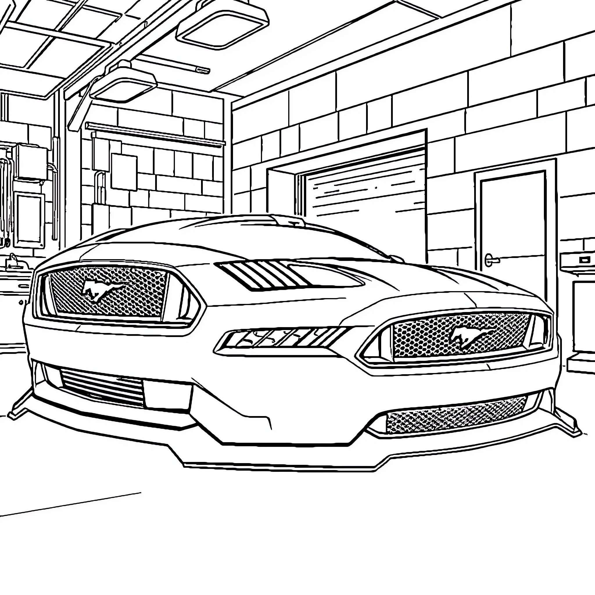 Mustang sports car in a garage Coloring Page (free black-and-white line drawing printable PDF for all, from beginners to advanced learners, including children, teens, adults, and seniors)