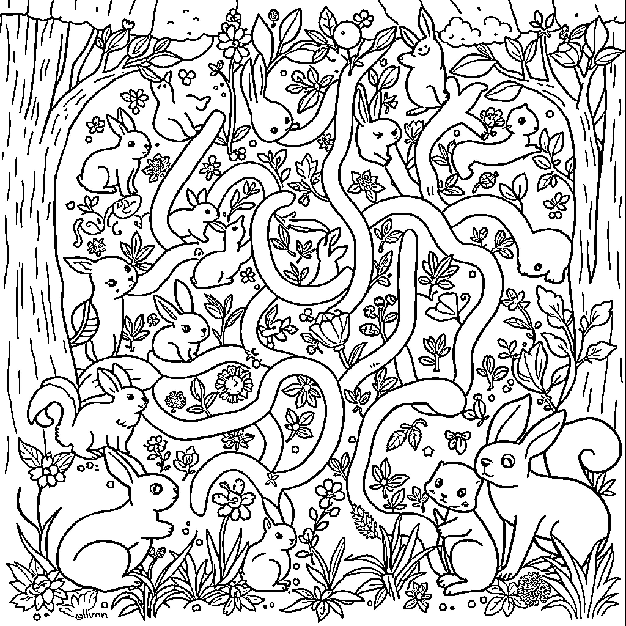 Woodland Animal Playground with Bunnies and Flowers Coloring Page (free black-and-white line drawing printable PDF for all, from beginners to advanced learners, including children, teens, adults, and seniors)