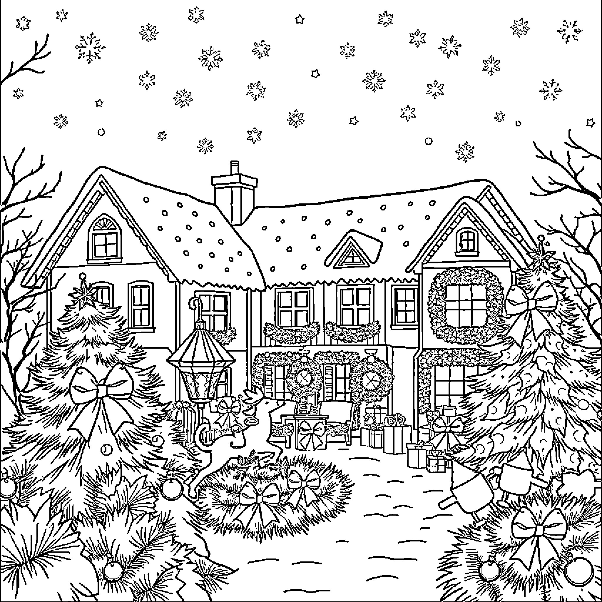Country Scene with Festive Holiday Decorations Coloring Page (free black-and-white line drawing printable PDF for all, from beginners to advanced learners, including children, teens, adults, and seniors)