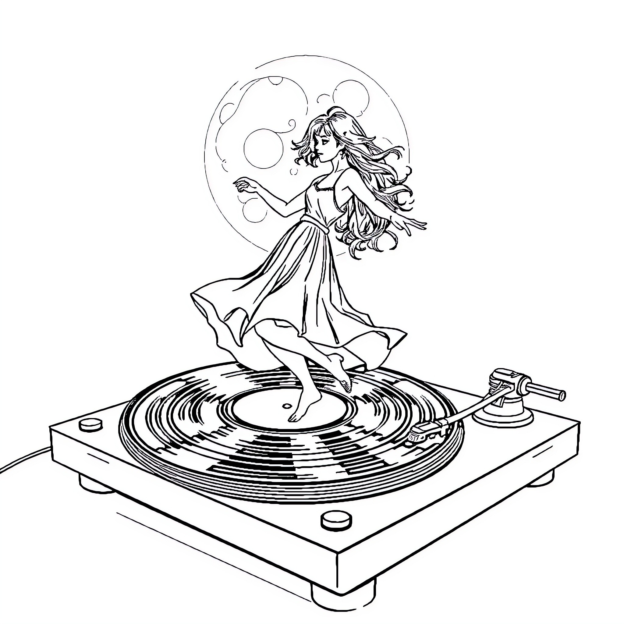 Lindsey Stirling playing a vinyl record on a turntable Coloring Page (free black-and-white line drawing printable PDF for all, from beginners to advanced learners, including children, teens, adults, and seniors)
