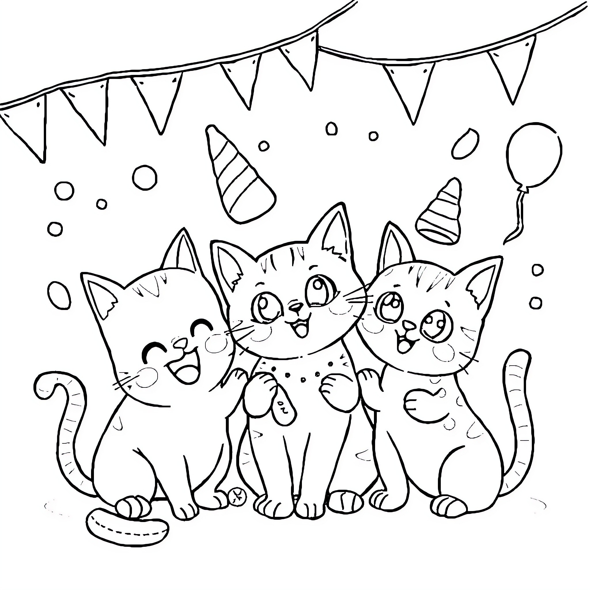 Cats Celebrating a Party Coloring Page (free black-and-white line drawing printable PDF for all, from beginners to advanced learners, including children, teens, adults, and seniors)
