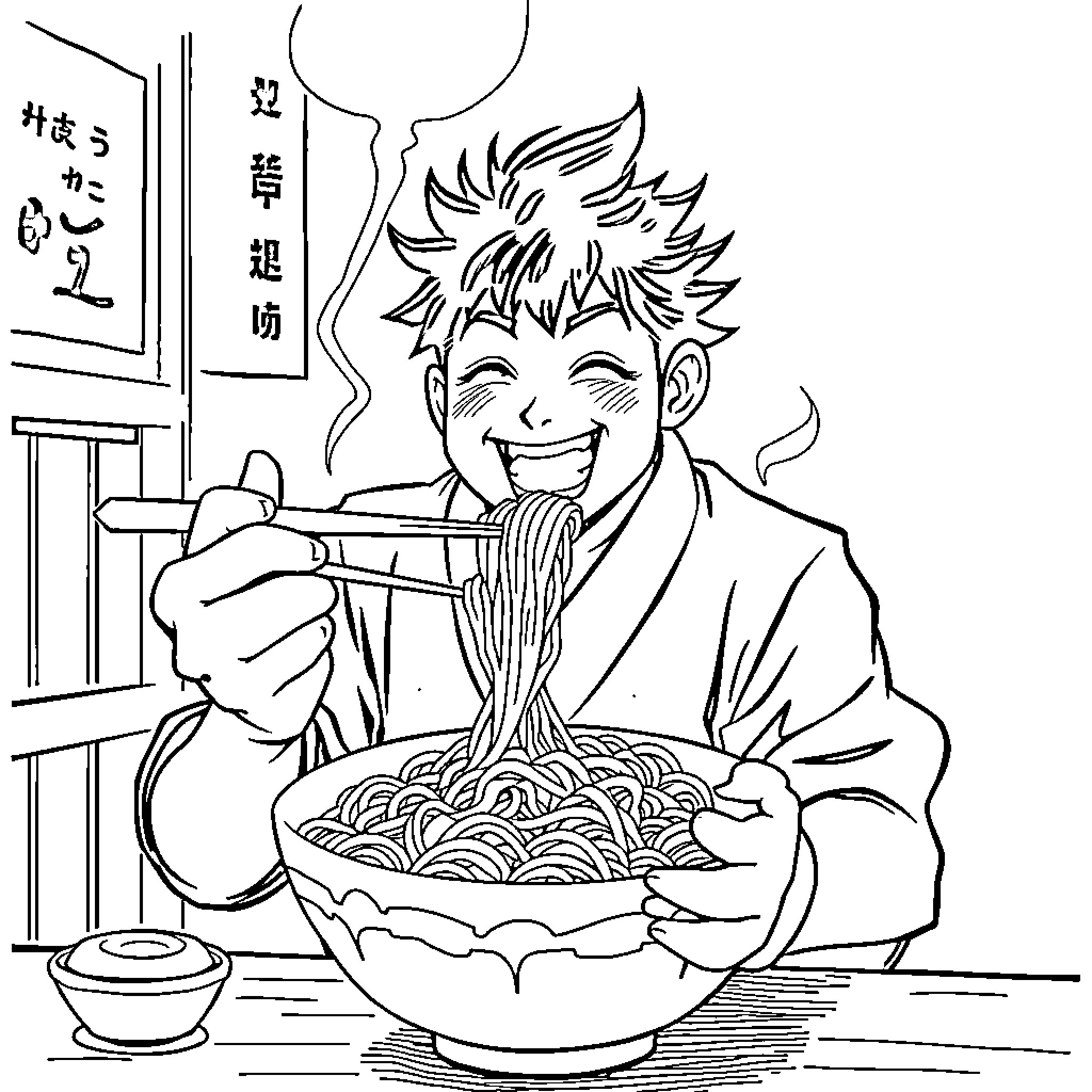 Inosuke enjoying a delicious bowl of ramen Coloring Page (free black-and-white line drawing printable PDF for all, from beginners to advanced learners, including children, teens, adults, and seniors)
