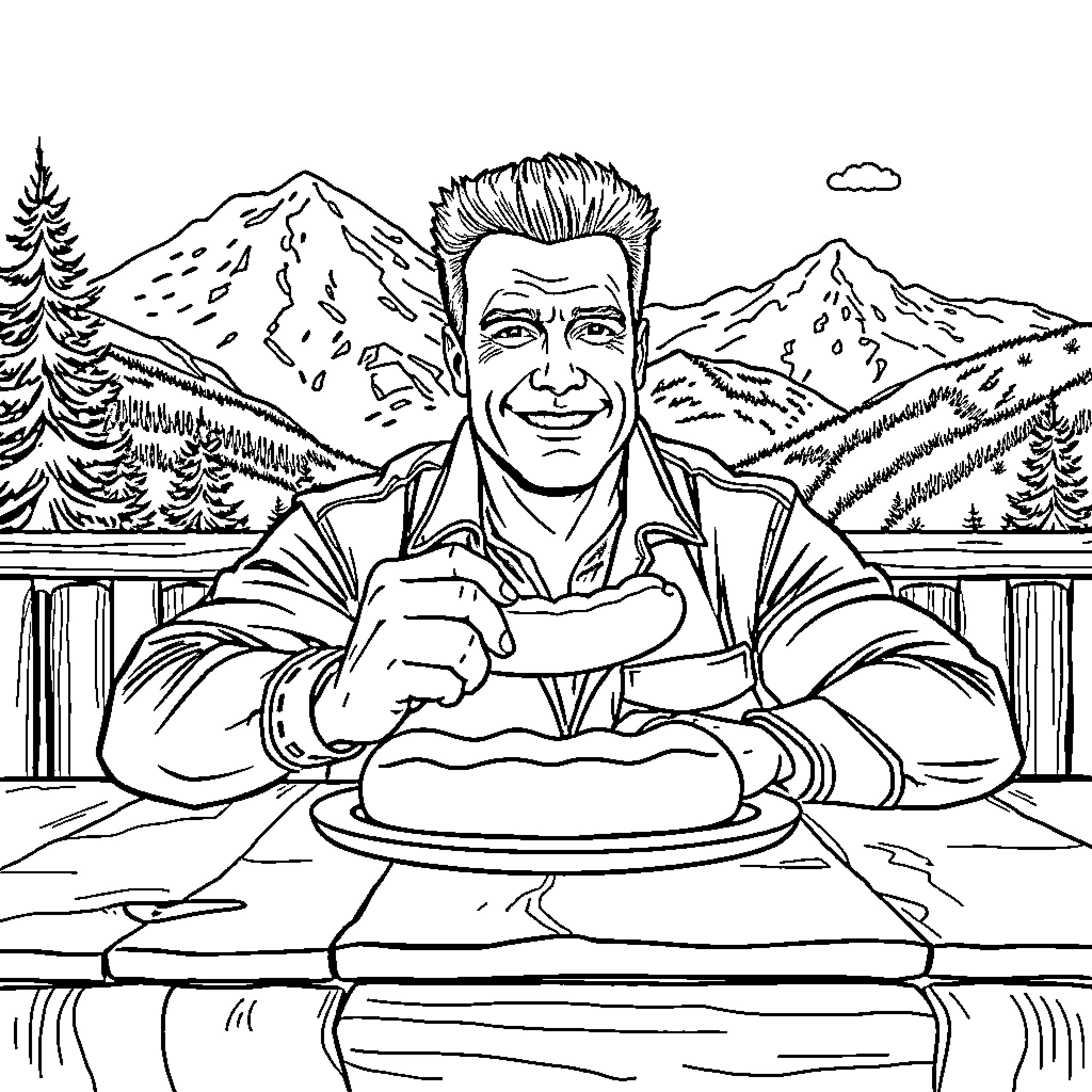 Arnold Schwarzenegger savors a hearty meal in the mountains Coloring Page (free black-and-white line drawing printable PDF for all, from beginners to advanced learners, including children, teens, adults, and seniors)