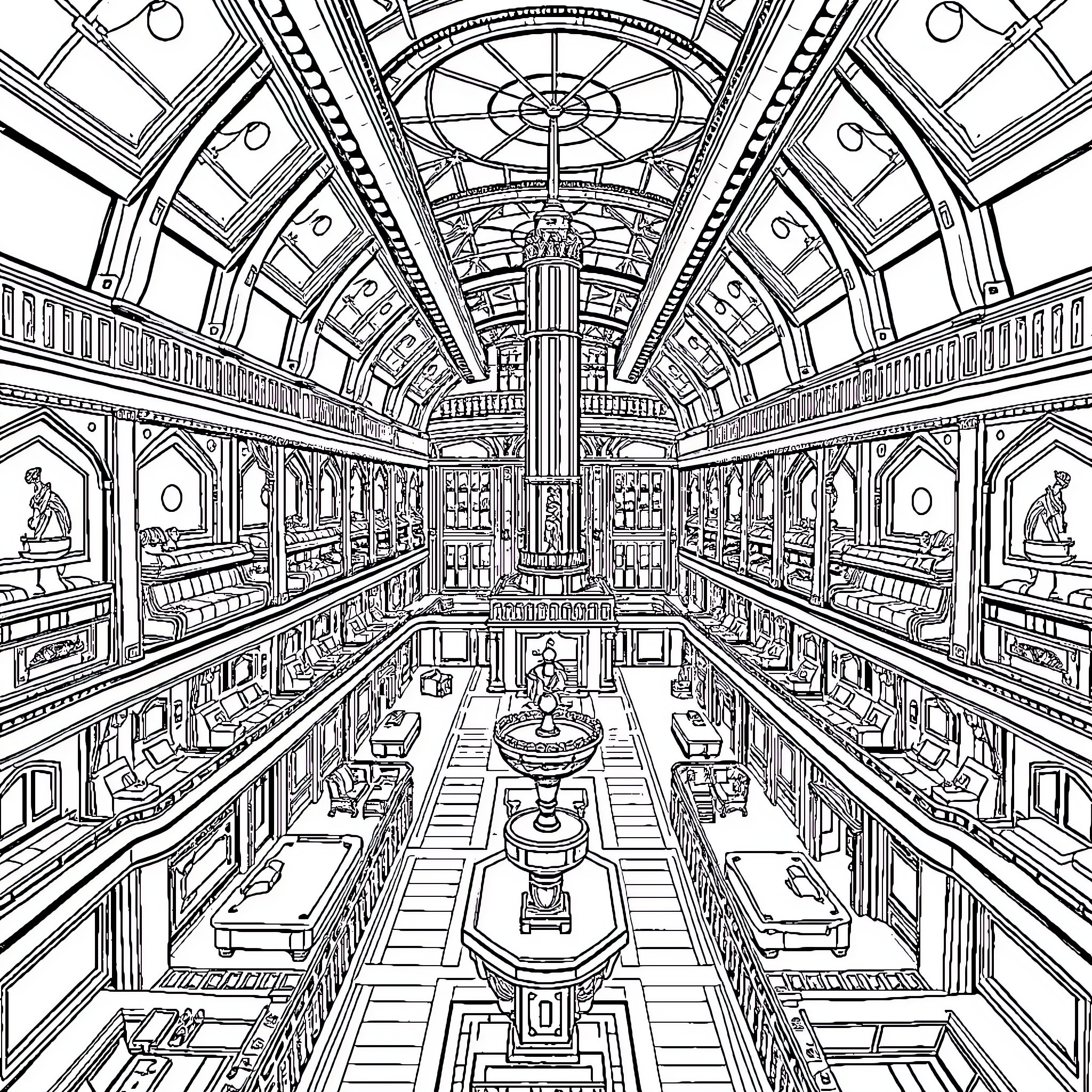 Titanic interior ornate architectural design Coloring Page (free black-and-white line drawing printable PDF for all, from beginners to advanced learners, including children, teens, adults, and seniors)