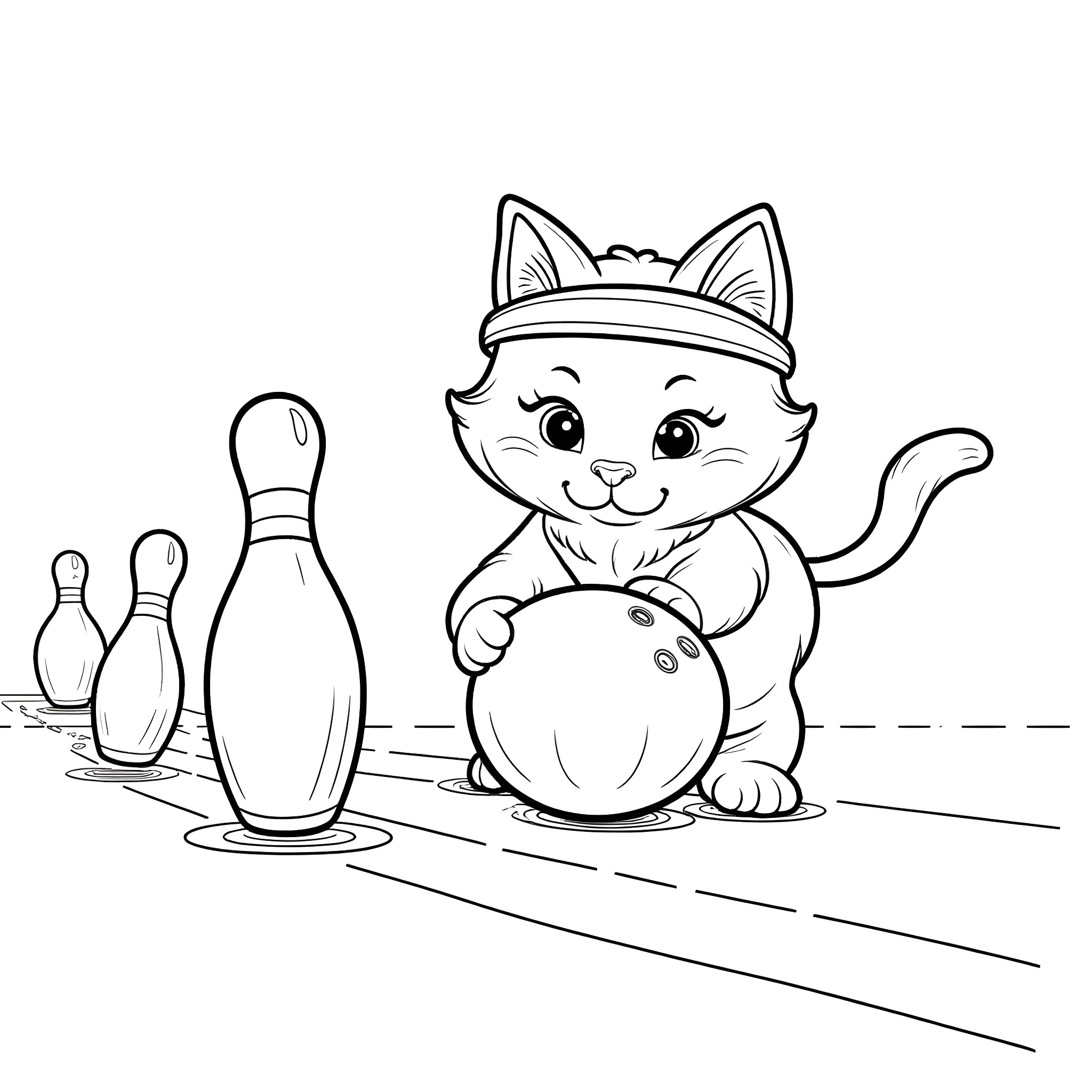 Kitten playing with bowling ball and pins Coloring Page (free black-and-white line drawing printable PDF for all, from beginners to advanced learners, including children, teens, adults, and seniors)