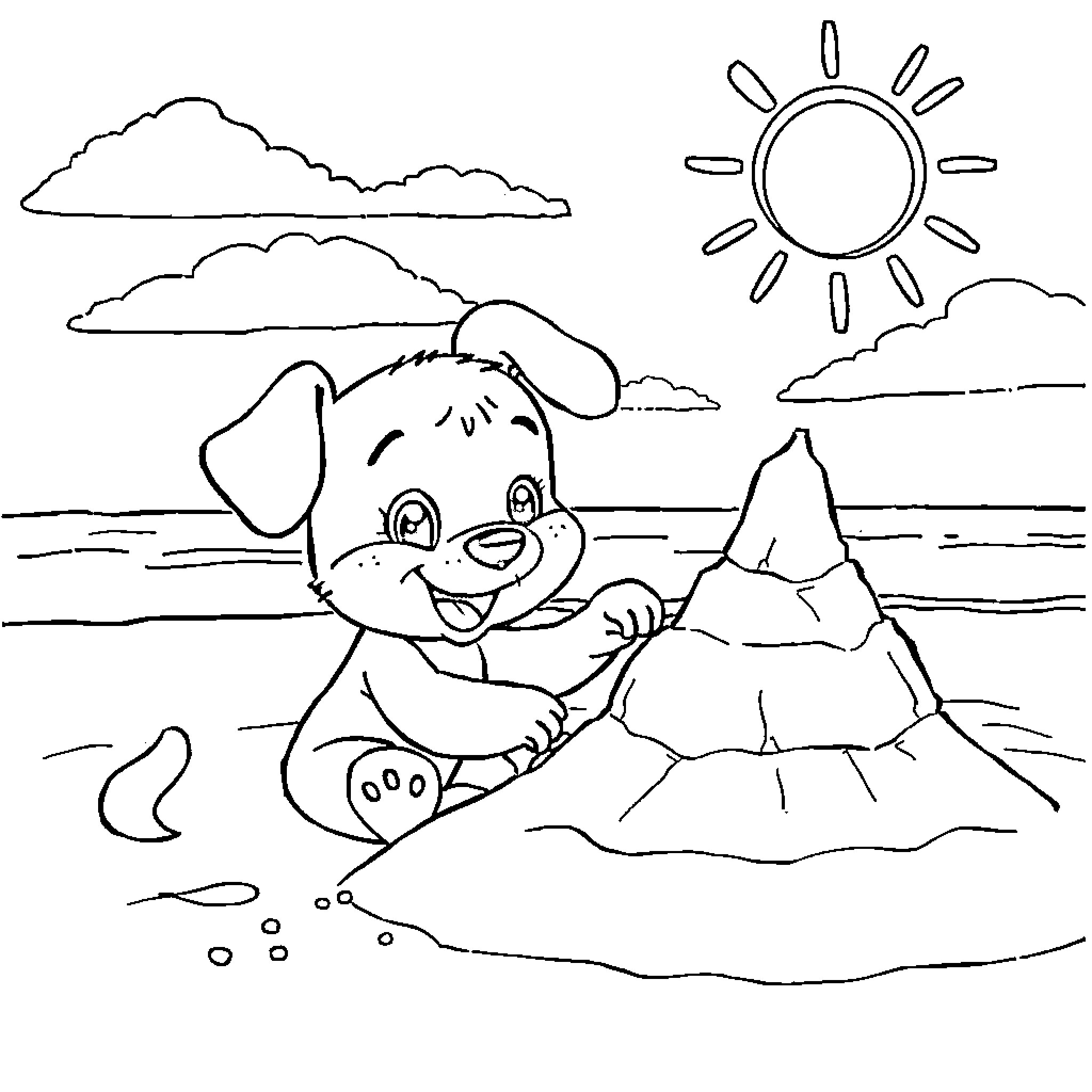 Bluey playing happily on the beach Coloring Page (free black-and-white line drawing printable PDF for all, from beginners to advanced learners, including children, teens, adults, and seniors)