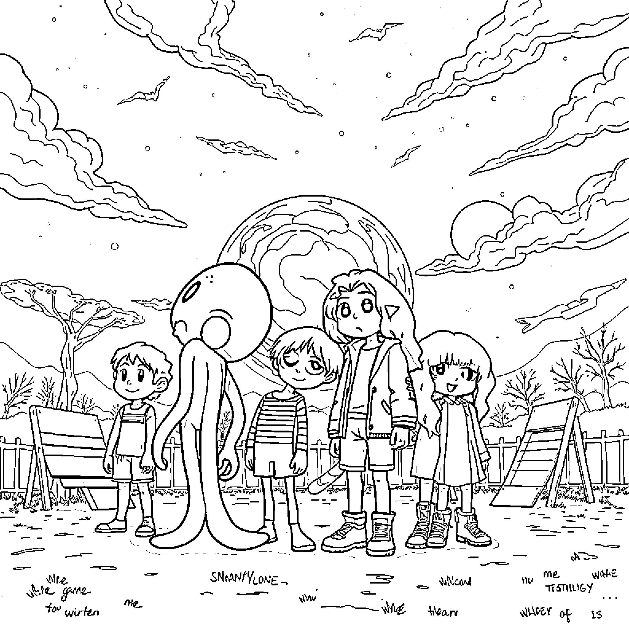 Character Adventure with Friendly Giant Creature Coloring Page (free black-and-white line drawing printable PDF for all, from beginners to advanced learners, including children, teens, adults, and seniors)