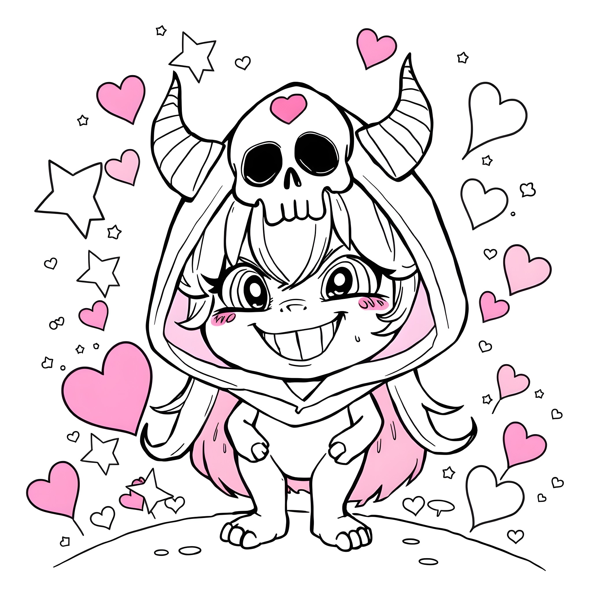 Kuromi's Playful Expressions and Adorable Outfit Coloring Page (free black-and-white line drawing printable PDF for all, from beginners to advanced learners, including children, teens, adults, and seniors)
