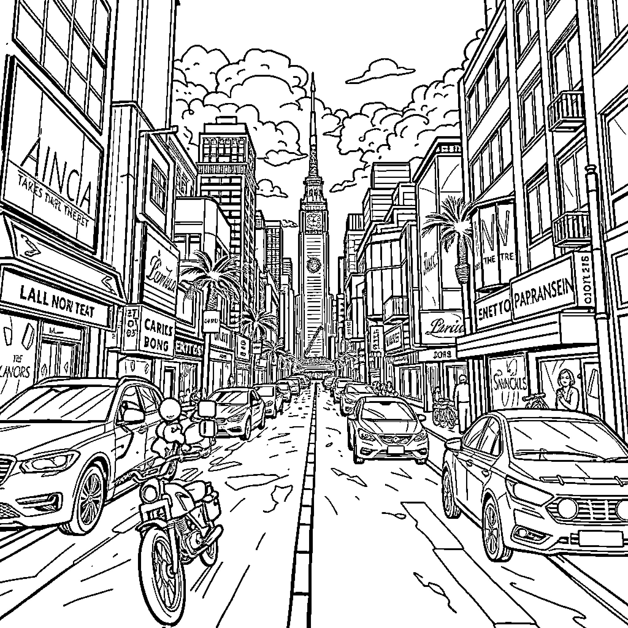 Grand Theft Auto: Cityscape Chaos Coloring Page (free black-and-white line drawing printable PDF for all, from beginners to advanced learners, including children, teens, adults, and seniors)