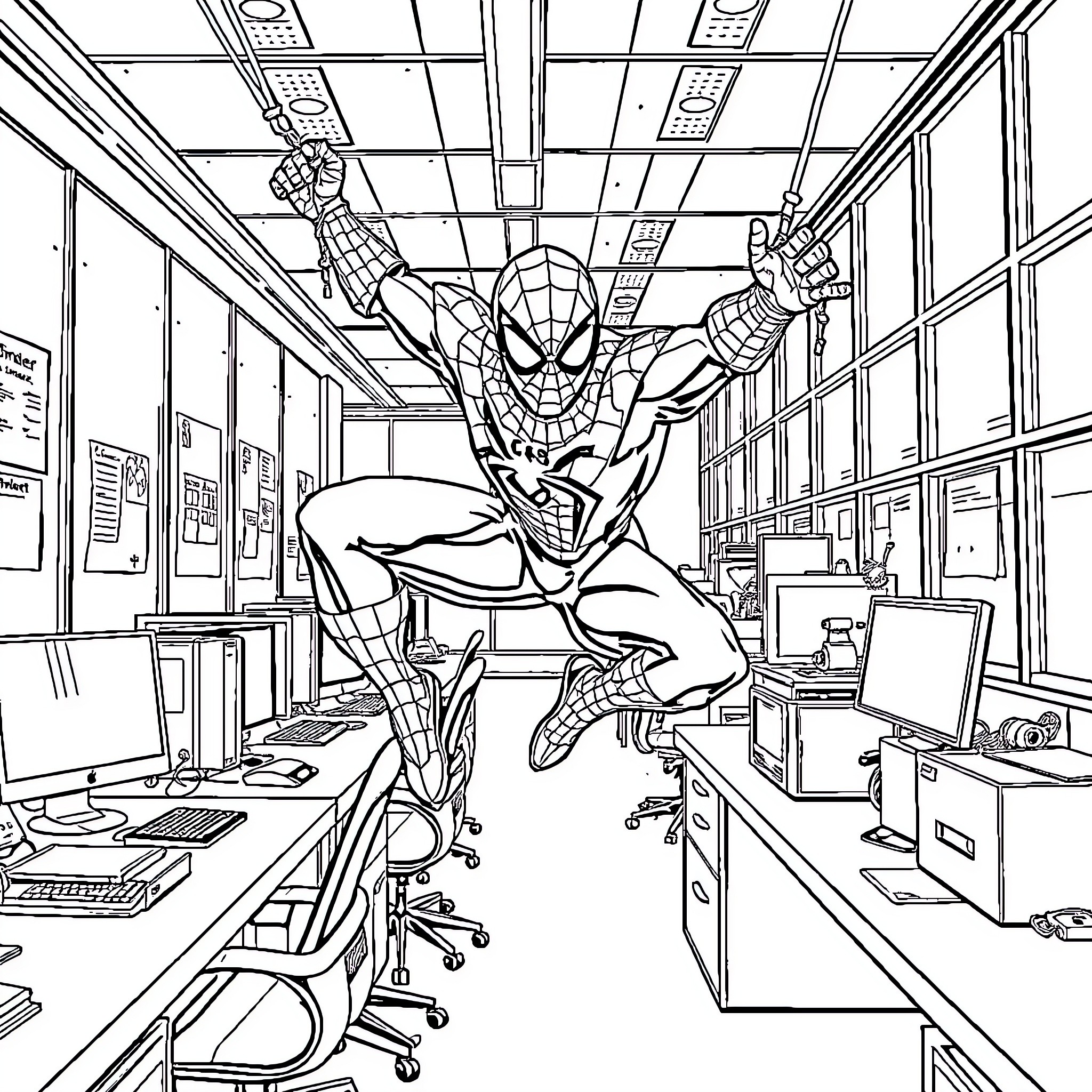 Spiderman swinging through a computer lab Coloring Page (free black-and-white line drawing printable PDF for all, from beginners to advanced learners, including children, teens, adults, and seniors)