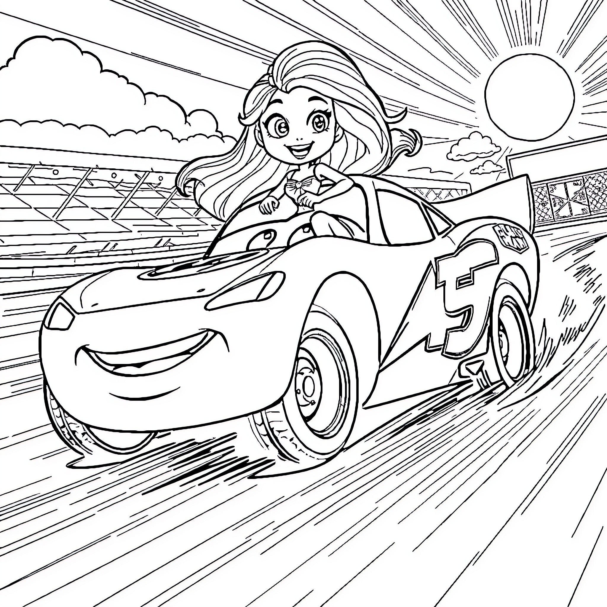 Kim Possible racing against the sun in her sports car Coloring Page (free black-and-white line drawing printable PDF for all, from beginners to advanced learners, including children, teens, adults, and seniors)