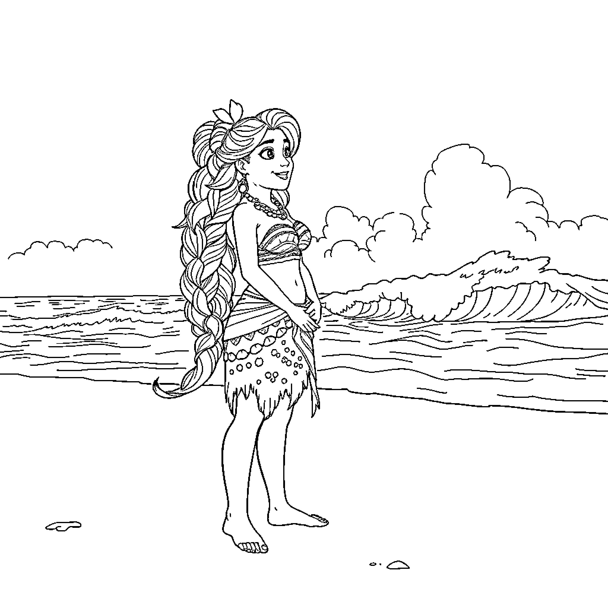 Vaiana standing smiling on the tropical beach Coloring Page (free black-and-white line drawing printable PDF for all, from beginners to advanced learners, including children, teens, adults, and seniors)