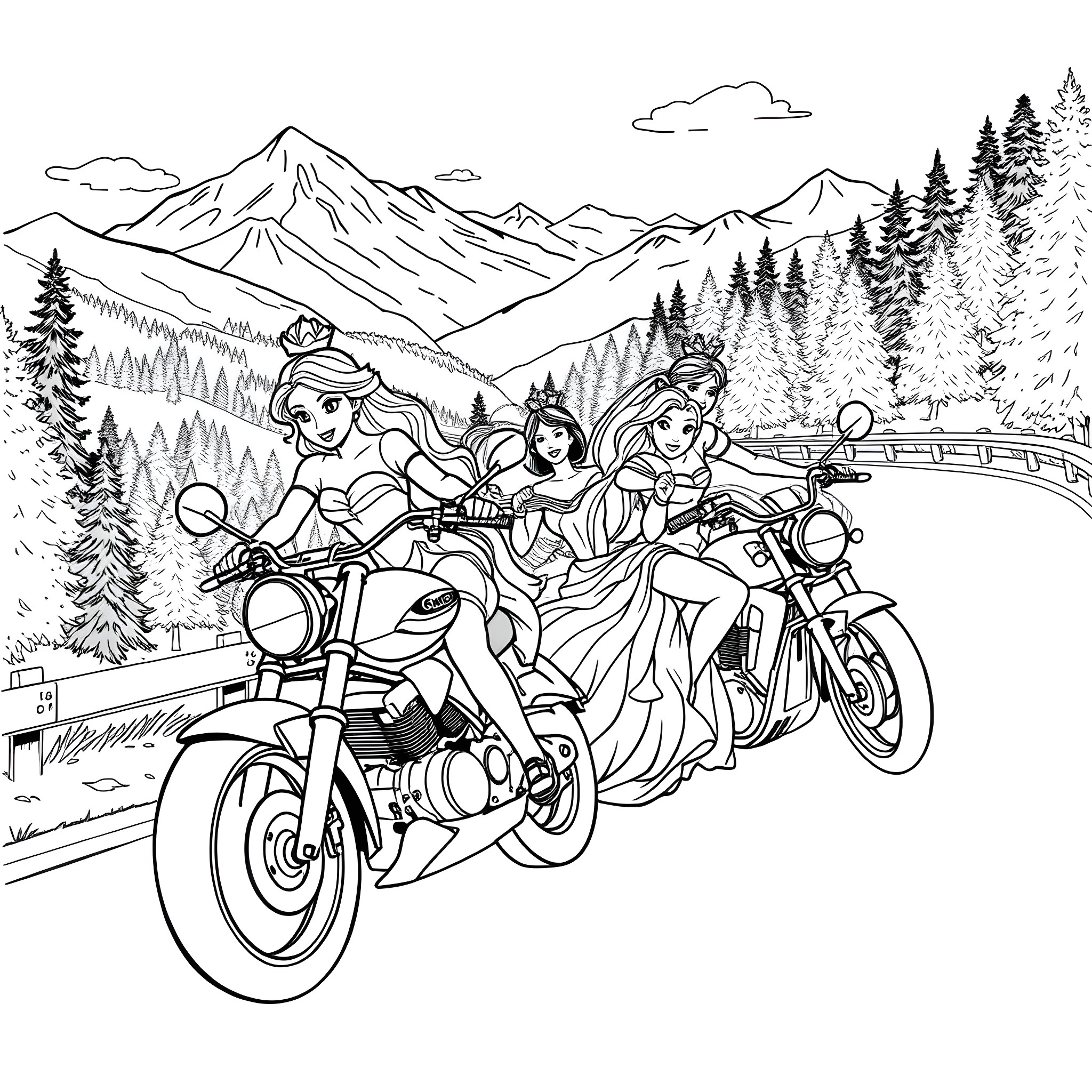 Princess on Motorcycles Adventure in the Mountains Coloring Page (free black-and-white line drawing printable PDF for all, from beginners to advanced learners, including children, teens, adults, and seniors)
