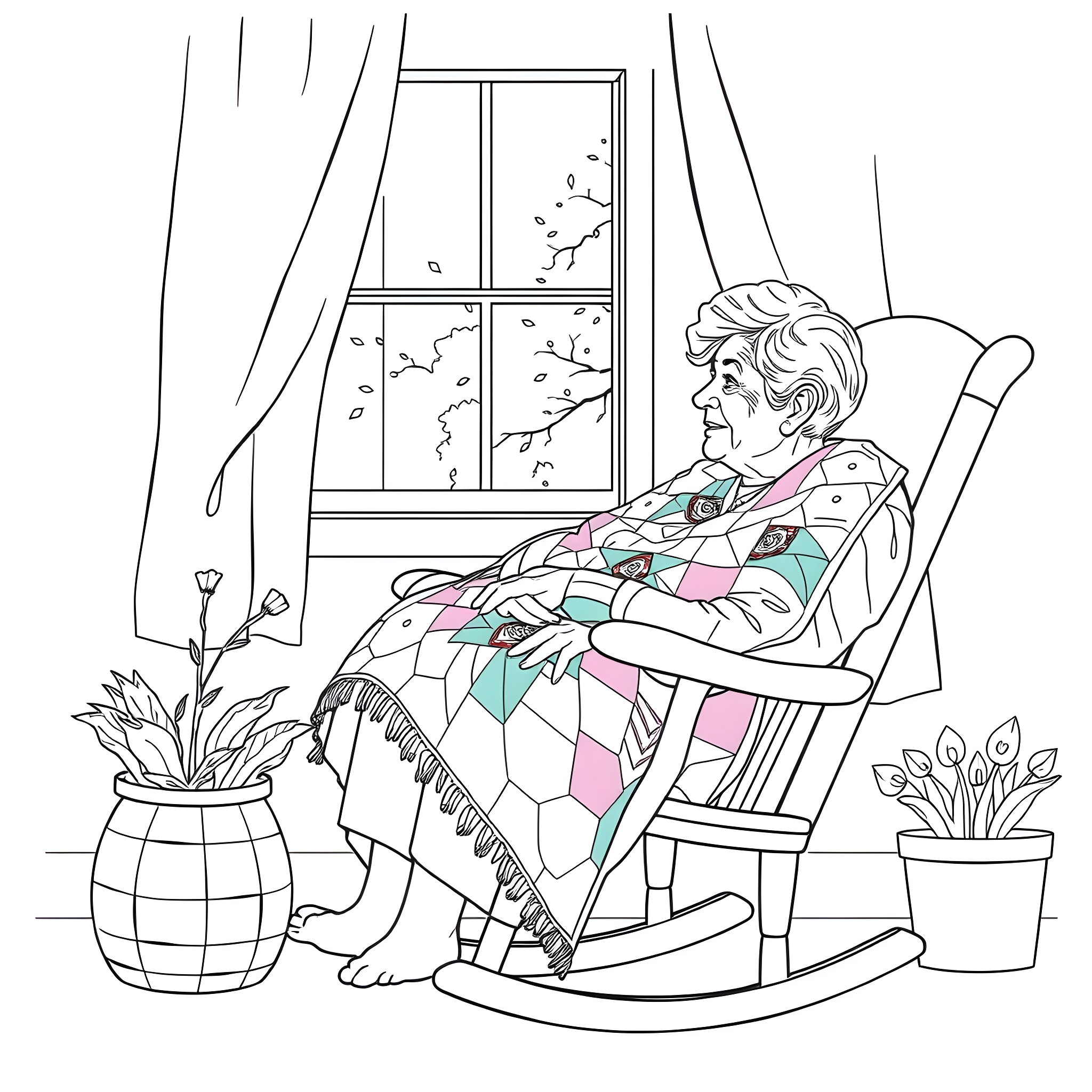 Grandma relaxing in her cozy chair by the window Coloring Page (free black-and-white line drawing printable PDF for all, from beginners to advanced learners, including children, teens, adults, and seniors)