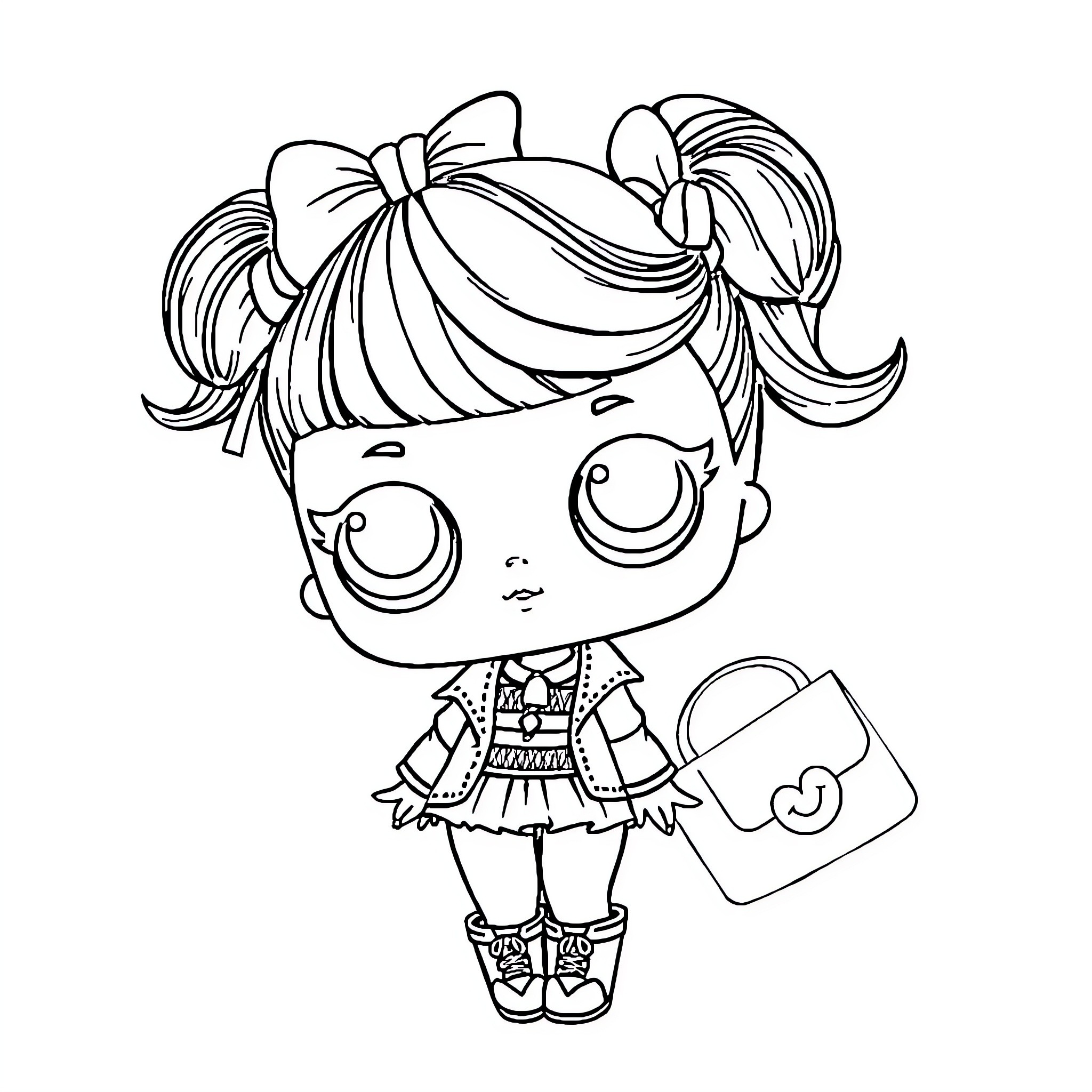 Poupée with Bow Carrying Suitcase Coloring Page (free black-and-white line drawing printable PDF for all, from beginners to advanced learners, including children, teens, adults, and seniors)