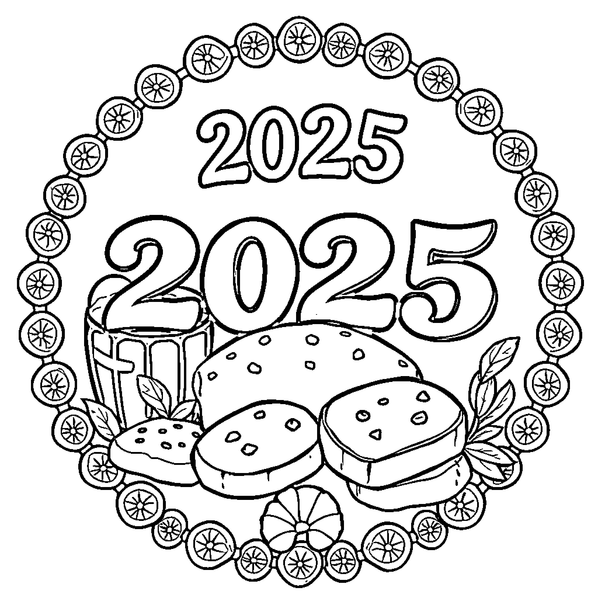 Bakery Logo Featuring 2025 Year Pastries and Citrus Wreath Coloring Page (free black-and-white line drawing printable PDF for all, from beginners to advanced learners, including children, teens, adults, and seniors)