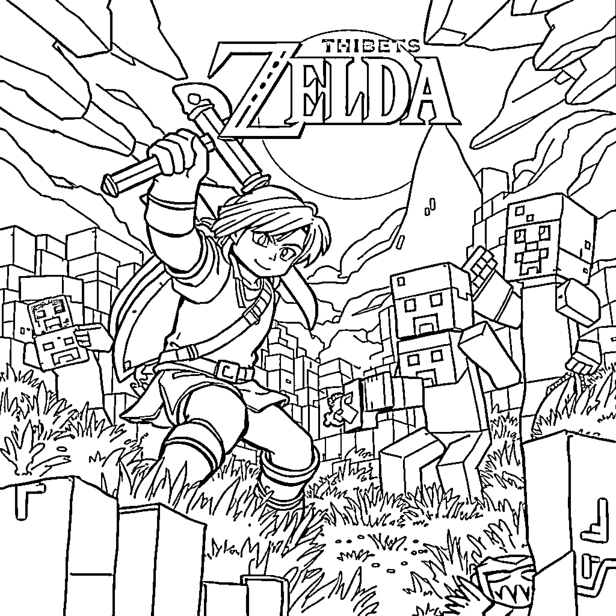 Zelda's Heroic Adventure in the Triforce World Coloring Page (free black-and-white line drawing printable PDF for all, from beginners to advanced learners, including children, teens, adults, and seniors)