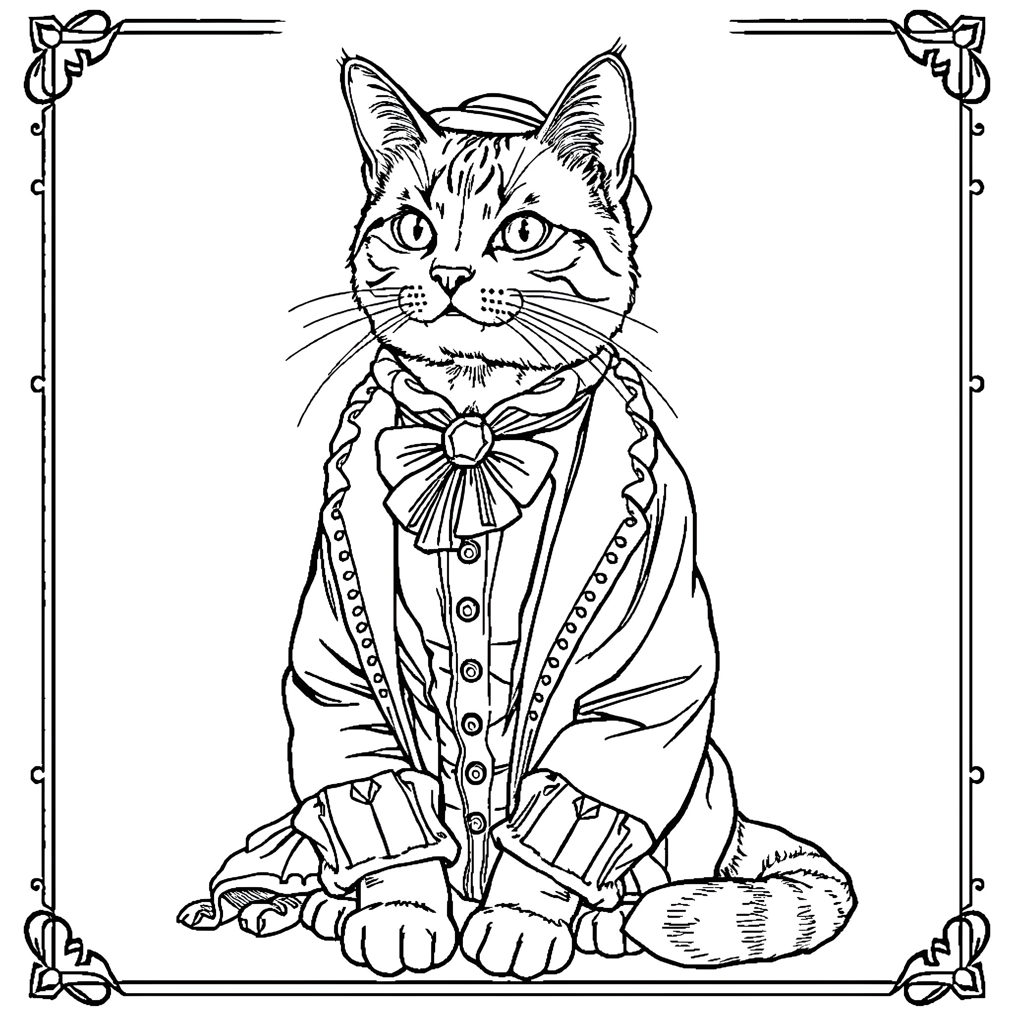 Cat in formal attire with bow tie Coloring Page (free black-and-white line drawing printable PDF for all, from beginners to advanced learners, including children, teens, adults, and seniors)
