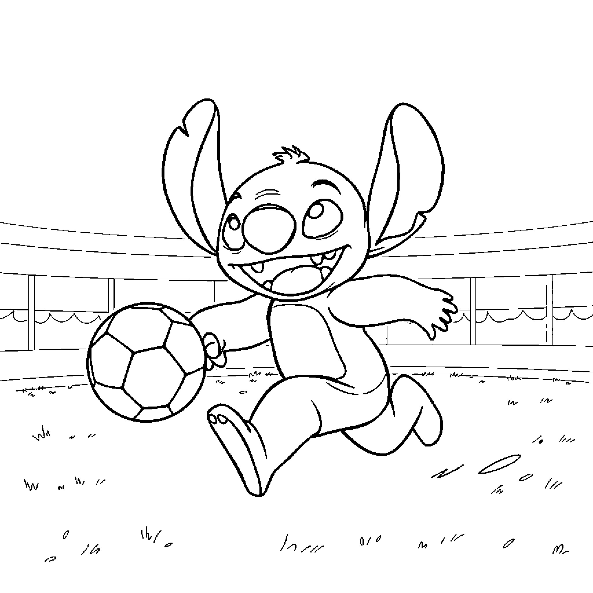 Stitch playing with a soccer ball on the field Coloring Page (free black-and-white line drawing printable PDF for all, from beginners to advanced learners, including children, teens, adults, and seniors)
