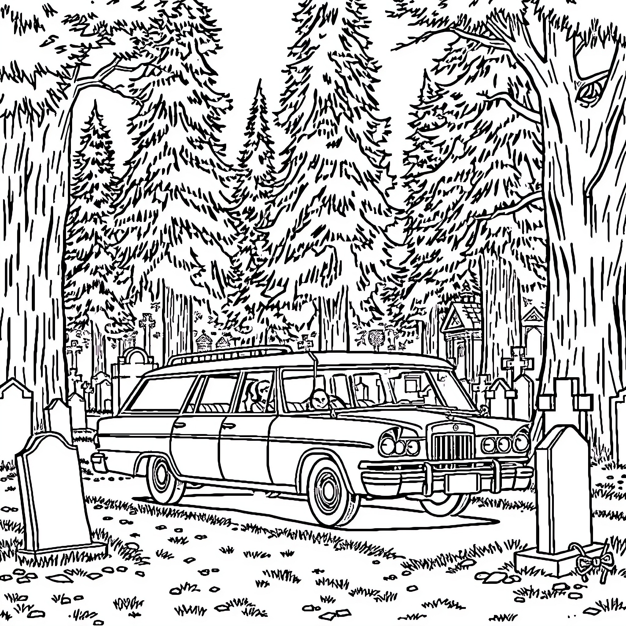 Hearse in the Somber Forest Landscape Coloring Page (free black-and-white line drawing printable PDF for all, from beginners to advanced learners, including children, teens, adults, and seniors)