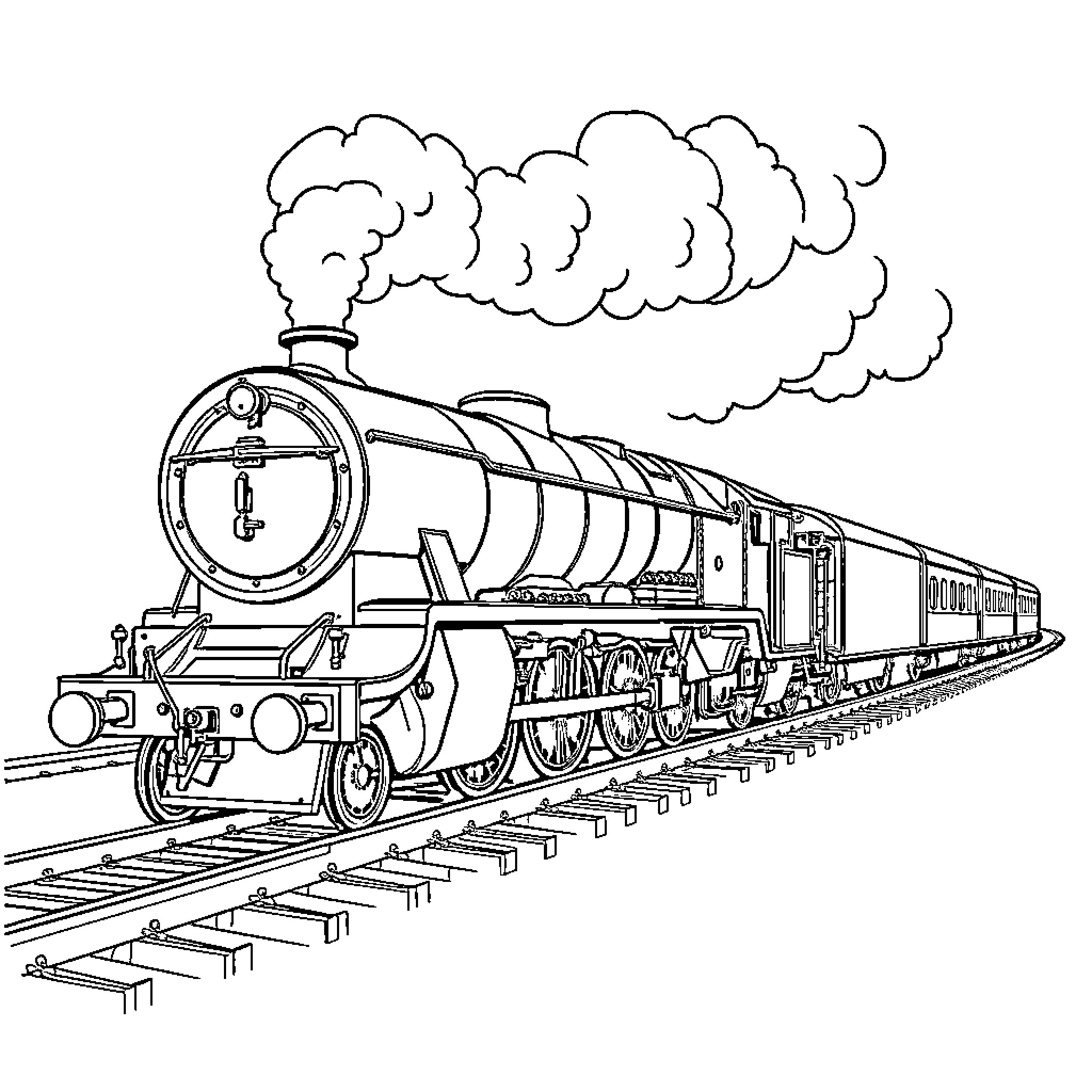 Flying Scotsman steam locomotive in motion Coloring Page (free black-and-white line drawing printable PDF for all, from beginners to advanced learners, including children, teens, adults, and seniors)