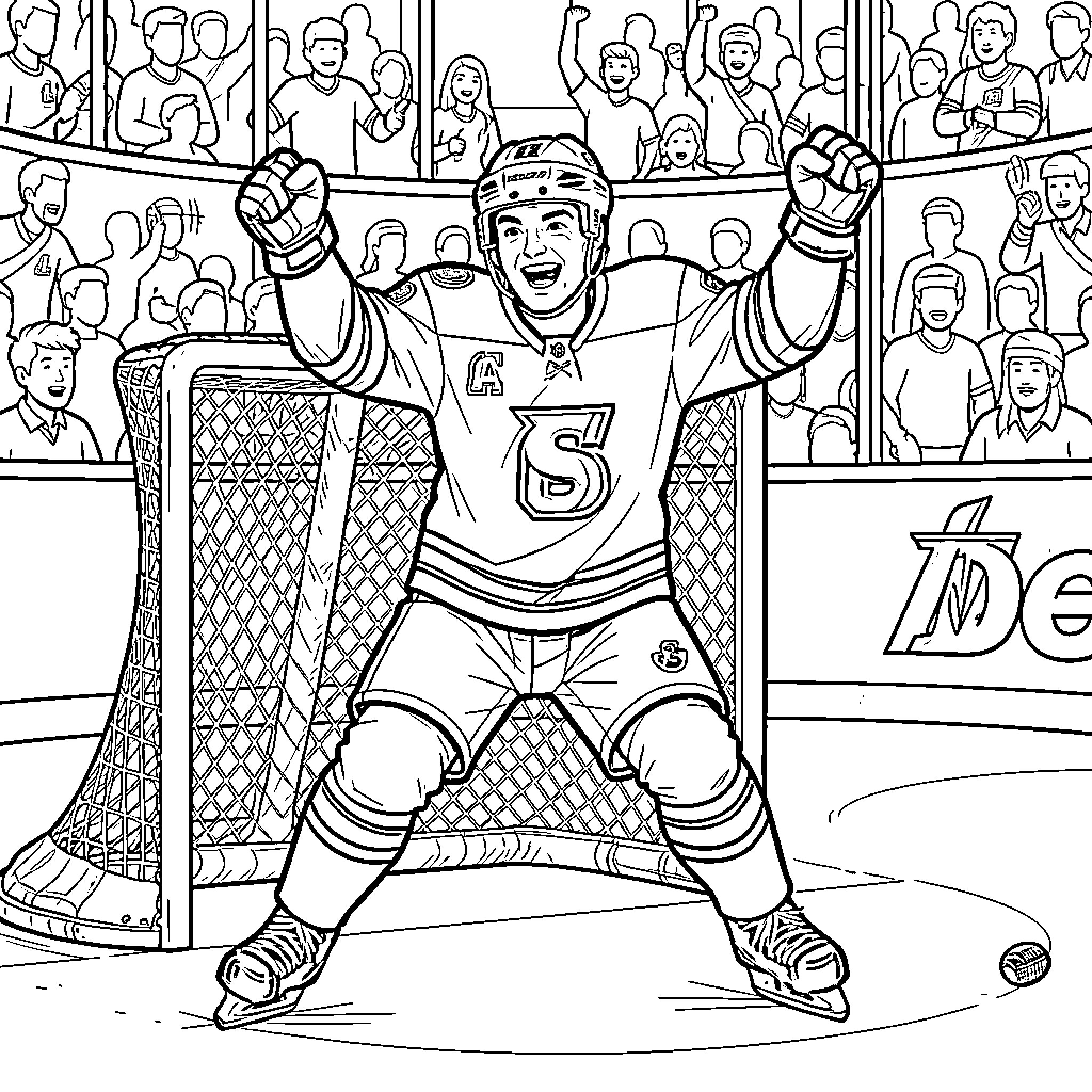Nick Suzuki celebrates hockey victory with fans Coloring Page (free black-and-white line drawing printable PDF for all, from beginners to advanced learners, including children, teens, adults, and seniors)