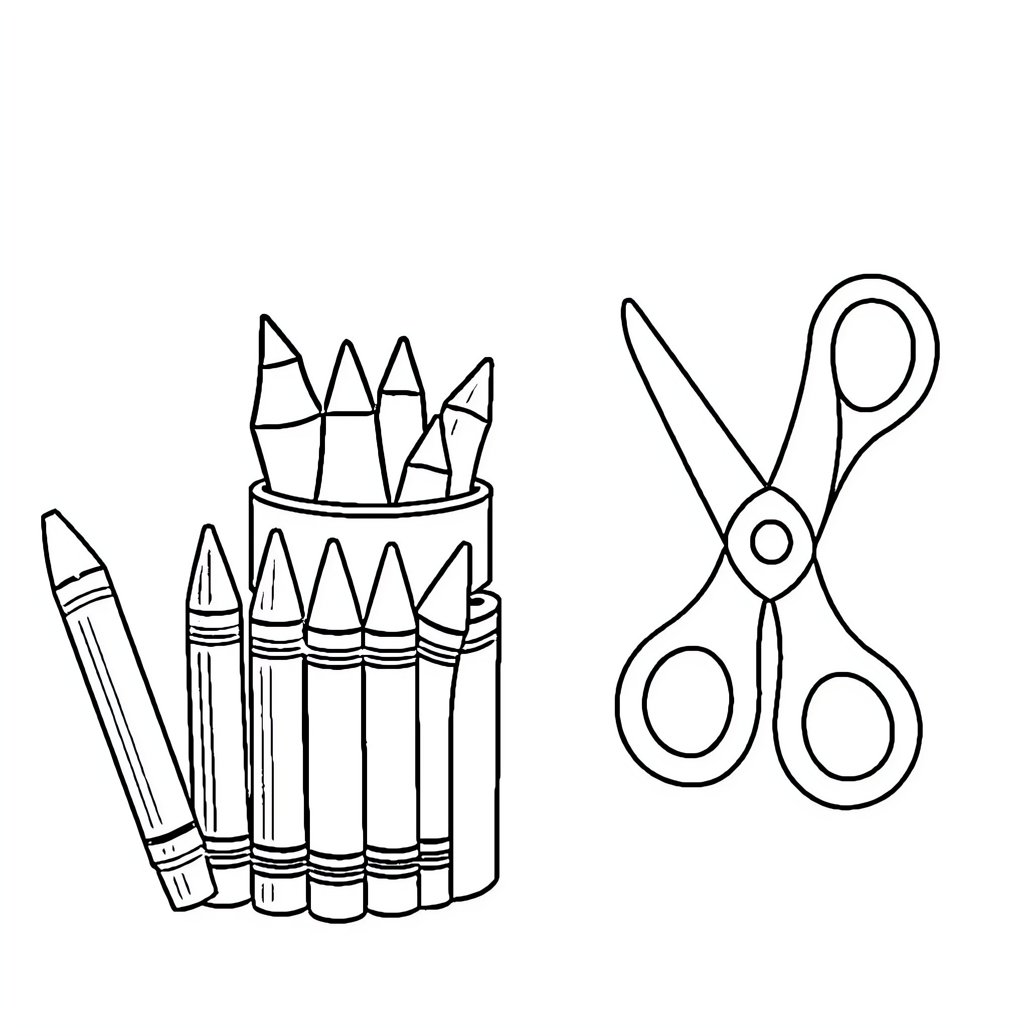 School Supplies with Pencils and Scissors Coloring Page (free black-and-white line drawing printable PDF for all, from beginners to advanced learners, including children, teens, adults, and seniors)