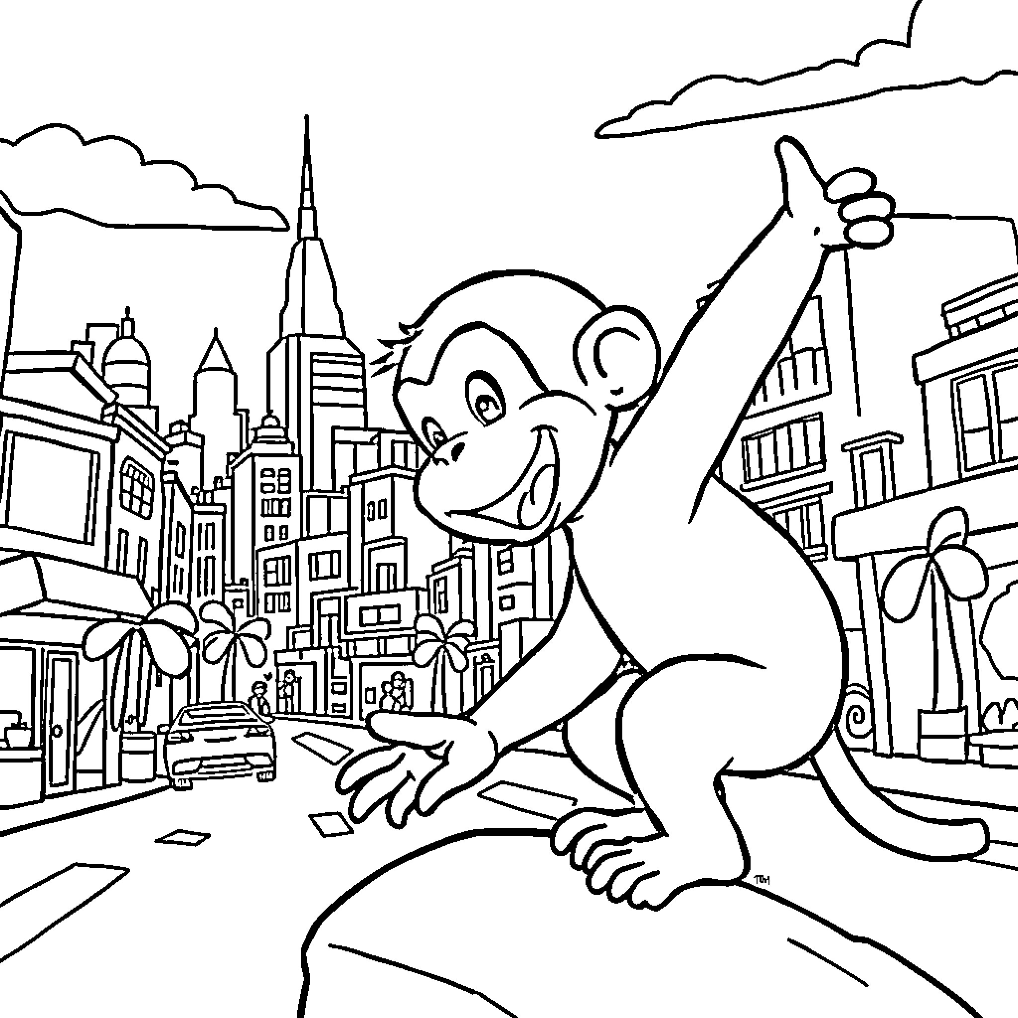 Curious George explores the busy city skyline Coloring Page (free black-and-white line drawing printable PDF for all, from beginners to advanced learners, including children, teens, adults, and seniors)