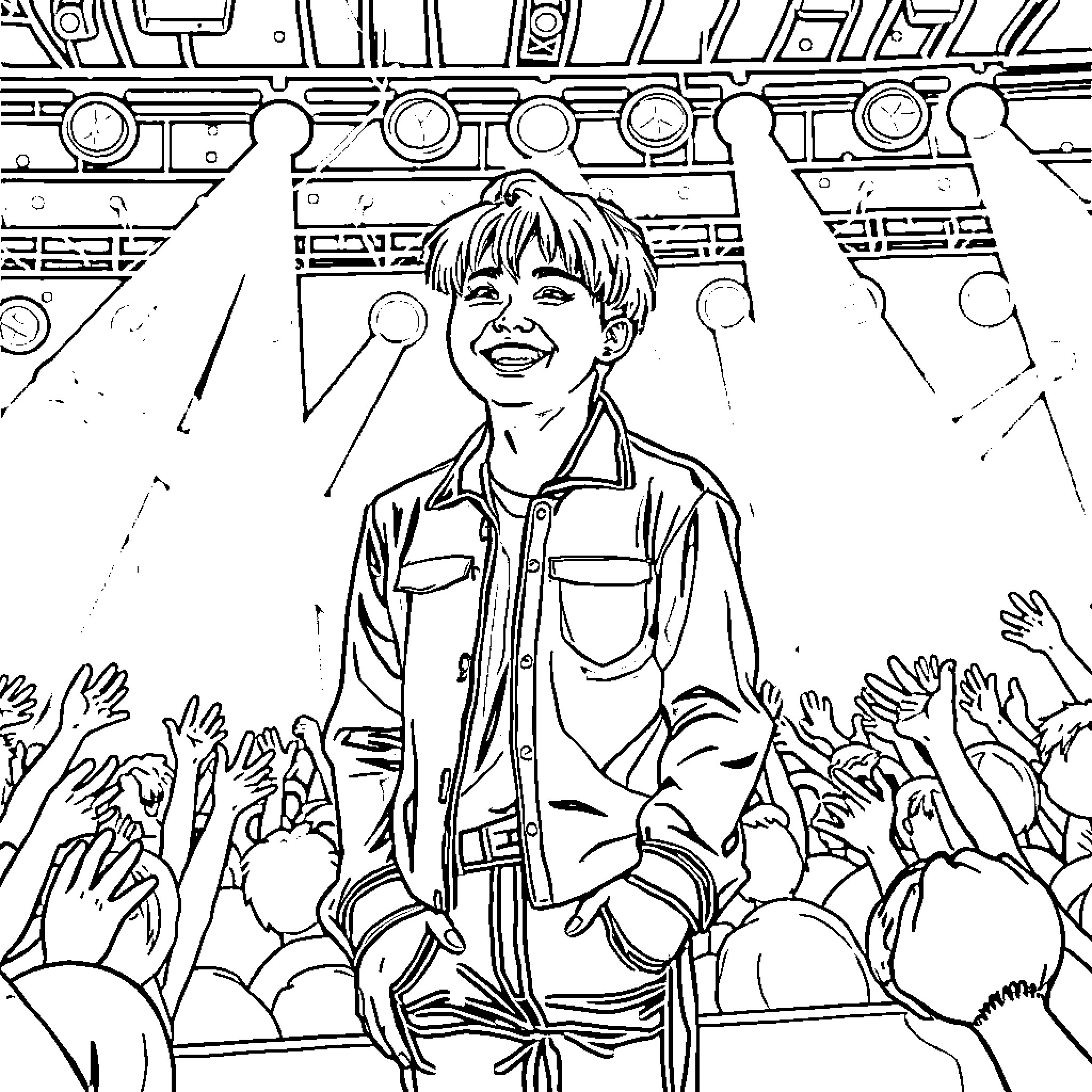 Park Jimin's Energetic Performance on Stage Coloring Page (free black-and-white line drawing printable PDF for all, from beginners to advanced learners, including children, teens, adults, and seniors)