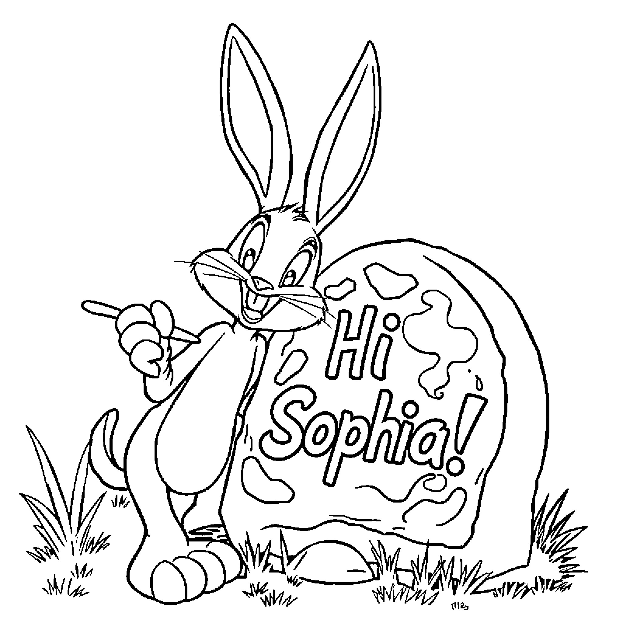 Bugs Bunny greeting with an Easter egg Coloring Page (free black-and-white line drawing printable PDF for all, from beginners to advanced learners, including children, teens, adults, and seniors)