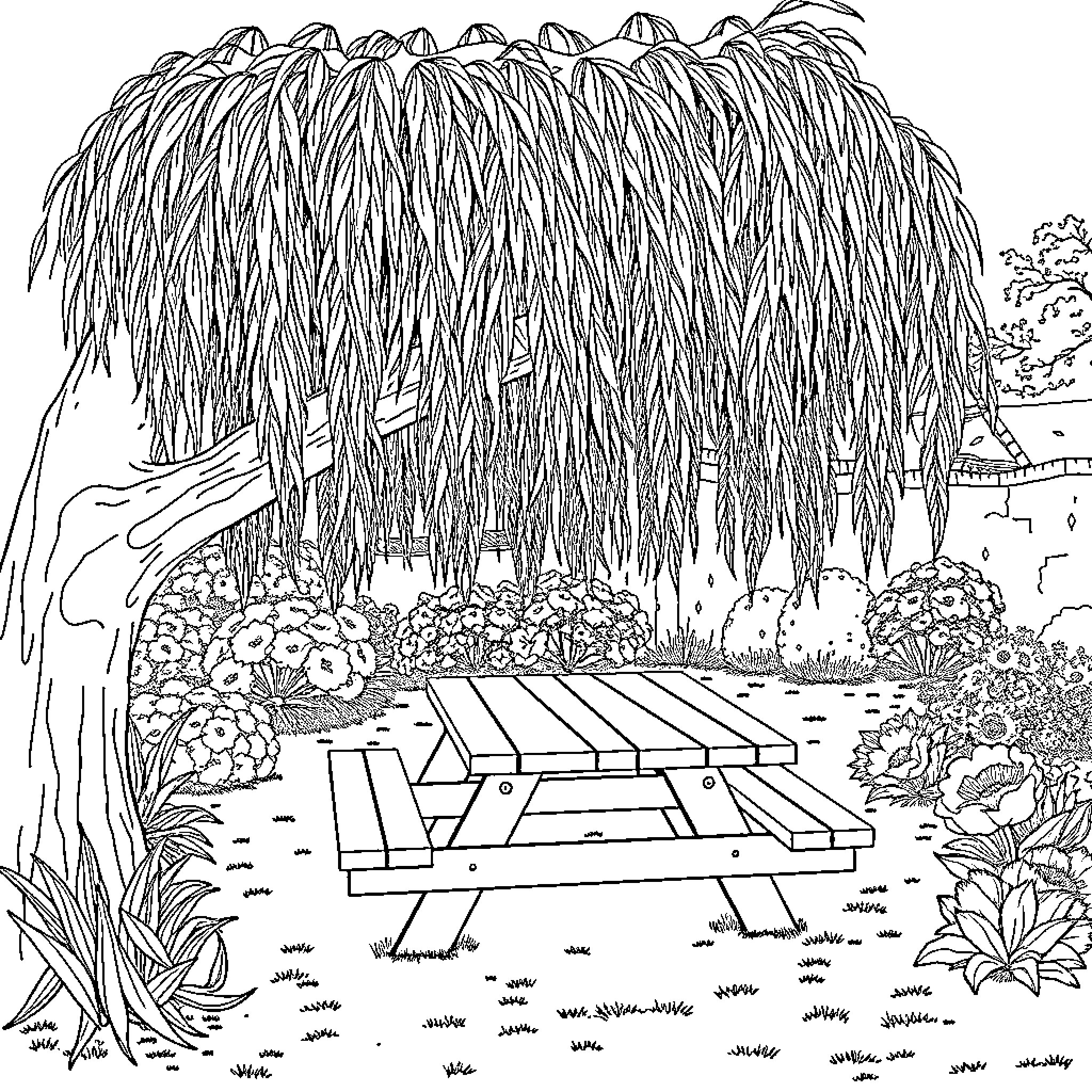 Table in a Lush Tropical Garden Coloring Page (free black-and-white line drawing printable PDF for all, from beginners to advanced learners, including children, teens, adults, and seniors)