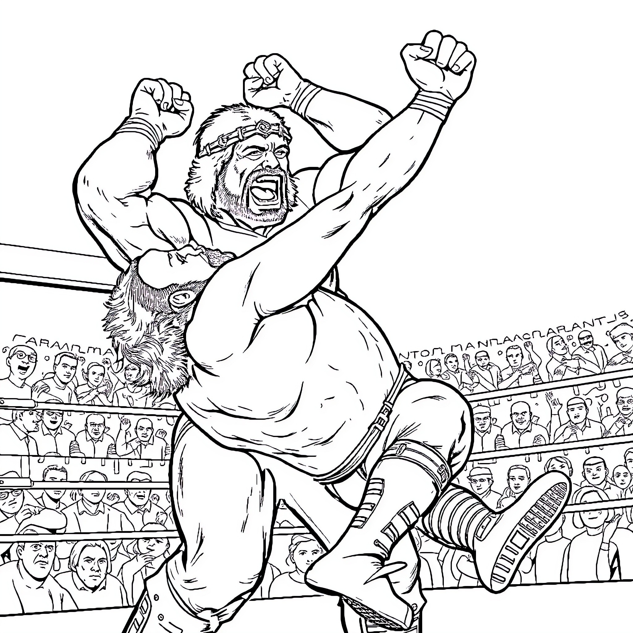 Hulk Hogan Wins Wrestling Match with Intense Celebration Coloring Page (free black-and-white line drawing printable PDF for all, from beginners to advanced learners, including children, teens, adults, and seniors)