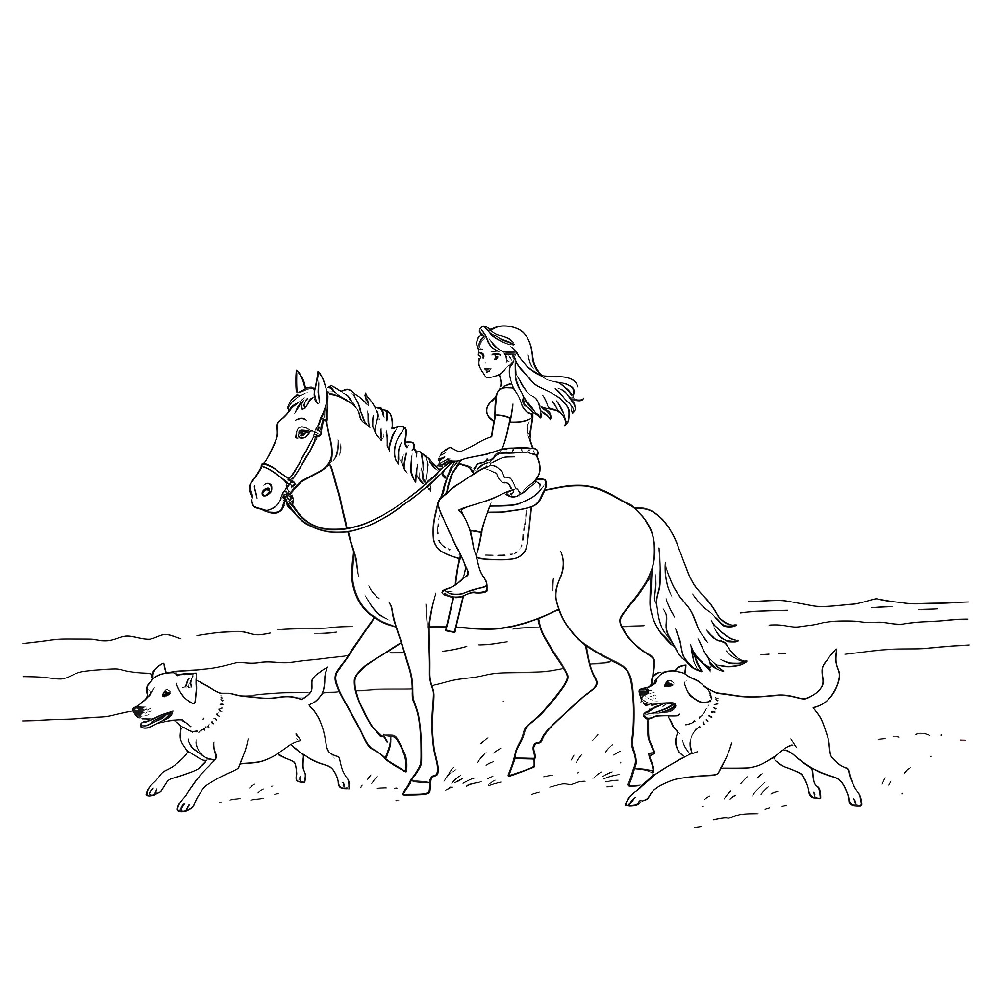 Horse rider galloping with dogs in the field Coloring Page (free black-and-white line drawing printable PDF for all, from beginners to advanced learners, including children, teens, adults, and seniors)