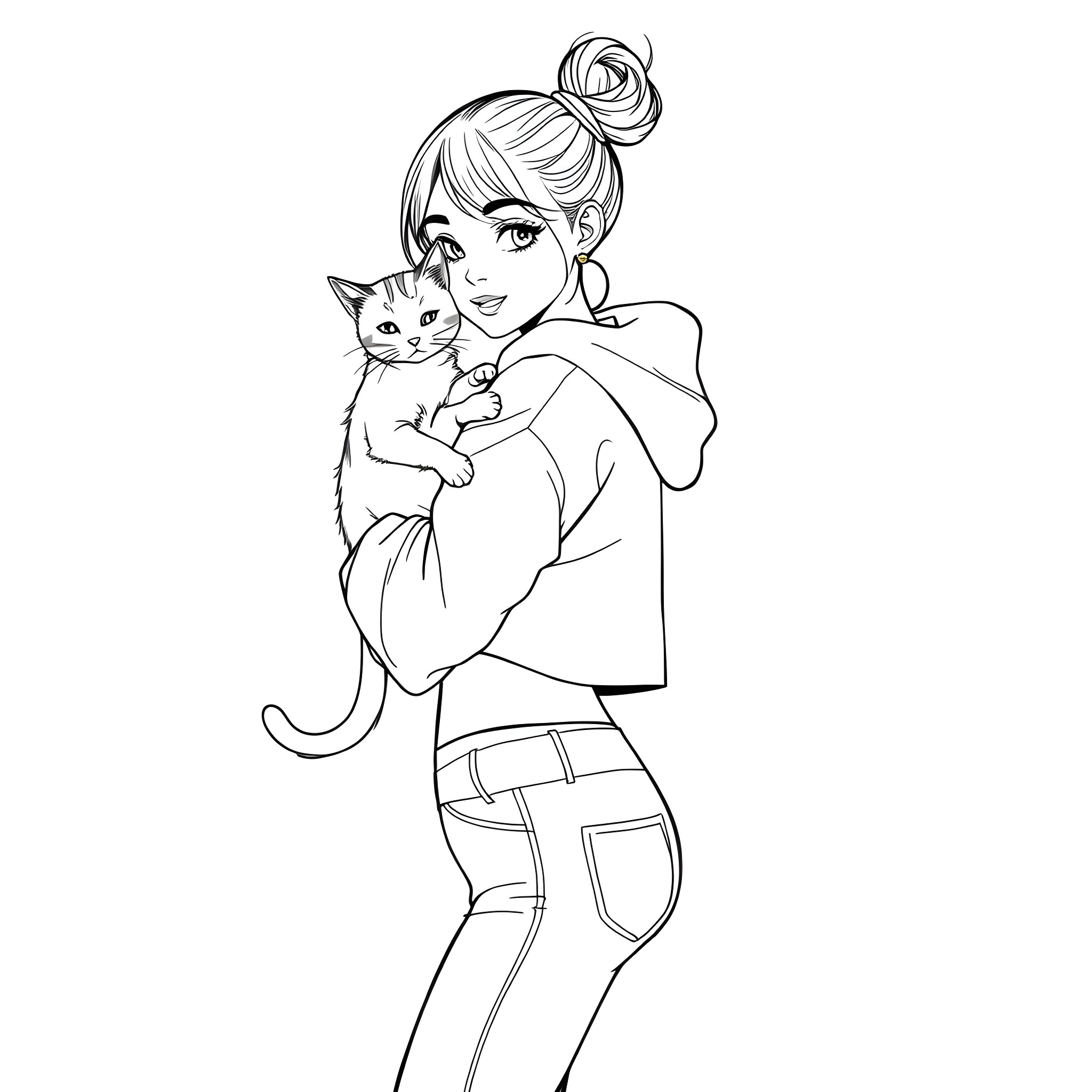 Teen Girl Embracing Adorable Cat Coloring Page (free black-and-white line drawing printable PDF for all, from beginners to advanced learners, including children, teens, adults, and seniors)