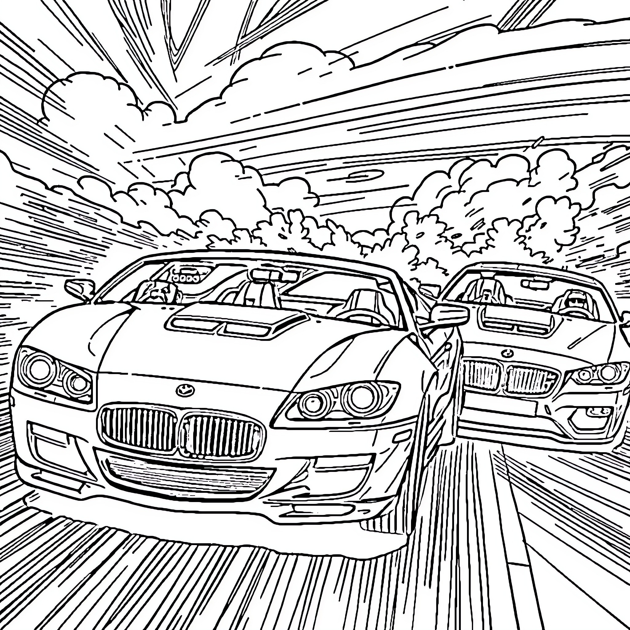 Fast and Furious Luxury Vehicles on the Open Road Coloring Page (free black-and-white line drawing printable PDF for all, from beginners to advanced learners, including children, teens, adults, and seniors)