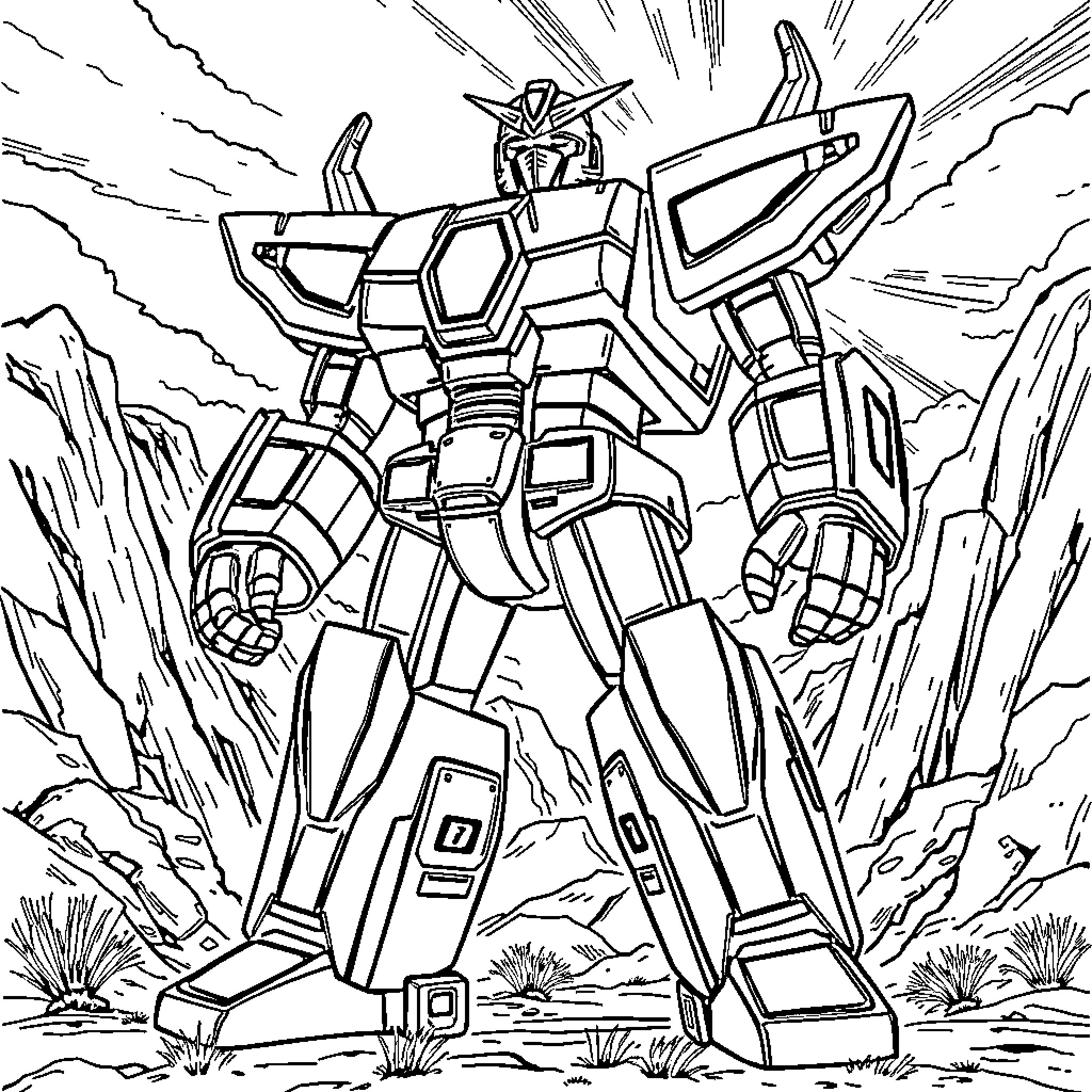 Magazord Mech in Dramatic Battle Pose Coloring Page (free black-and-white line drawing printable PDF for all, from beginners to advanced learners, including children, teens, adults, and seniors)