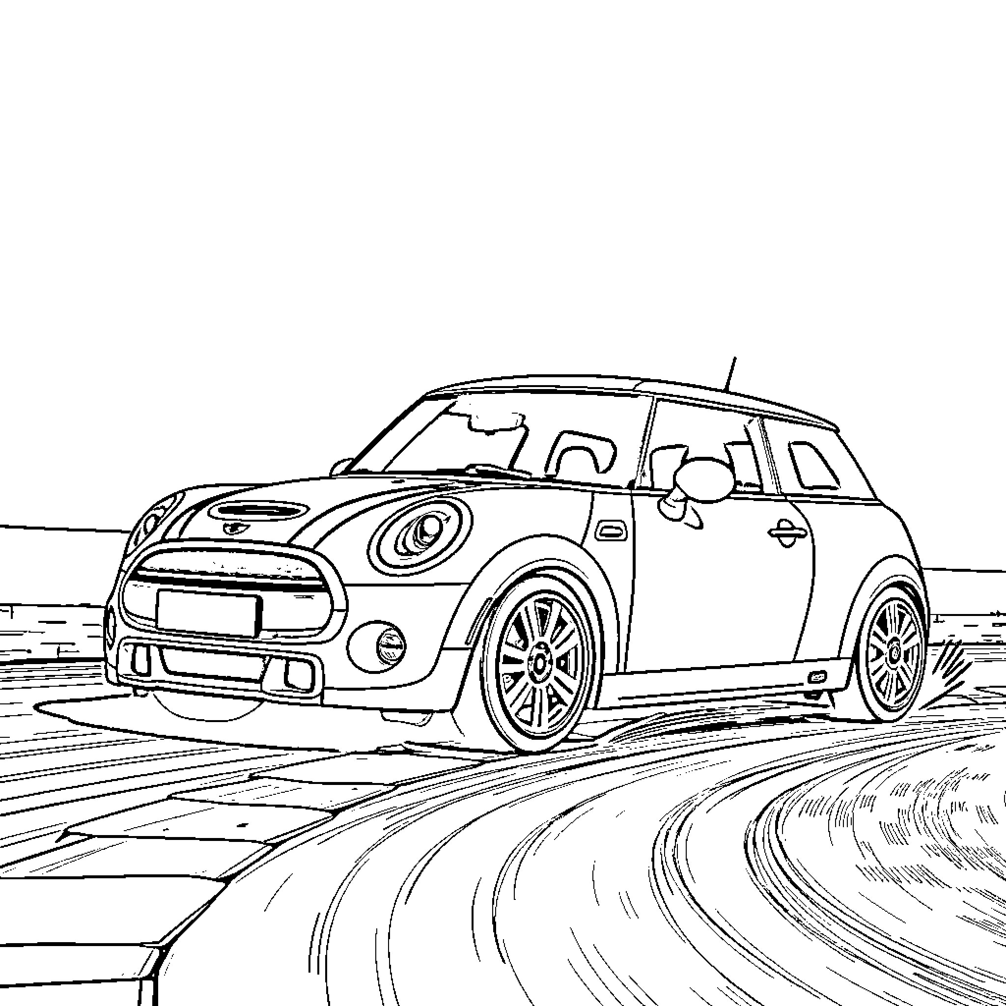 Mini Cooper speeding down winding road Coloring Page (free black-and-white line drawing printable PDF for all, from beginners to advanced learners, including children, teens, adults, and seniors)
