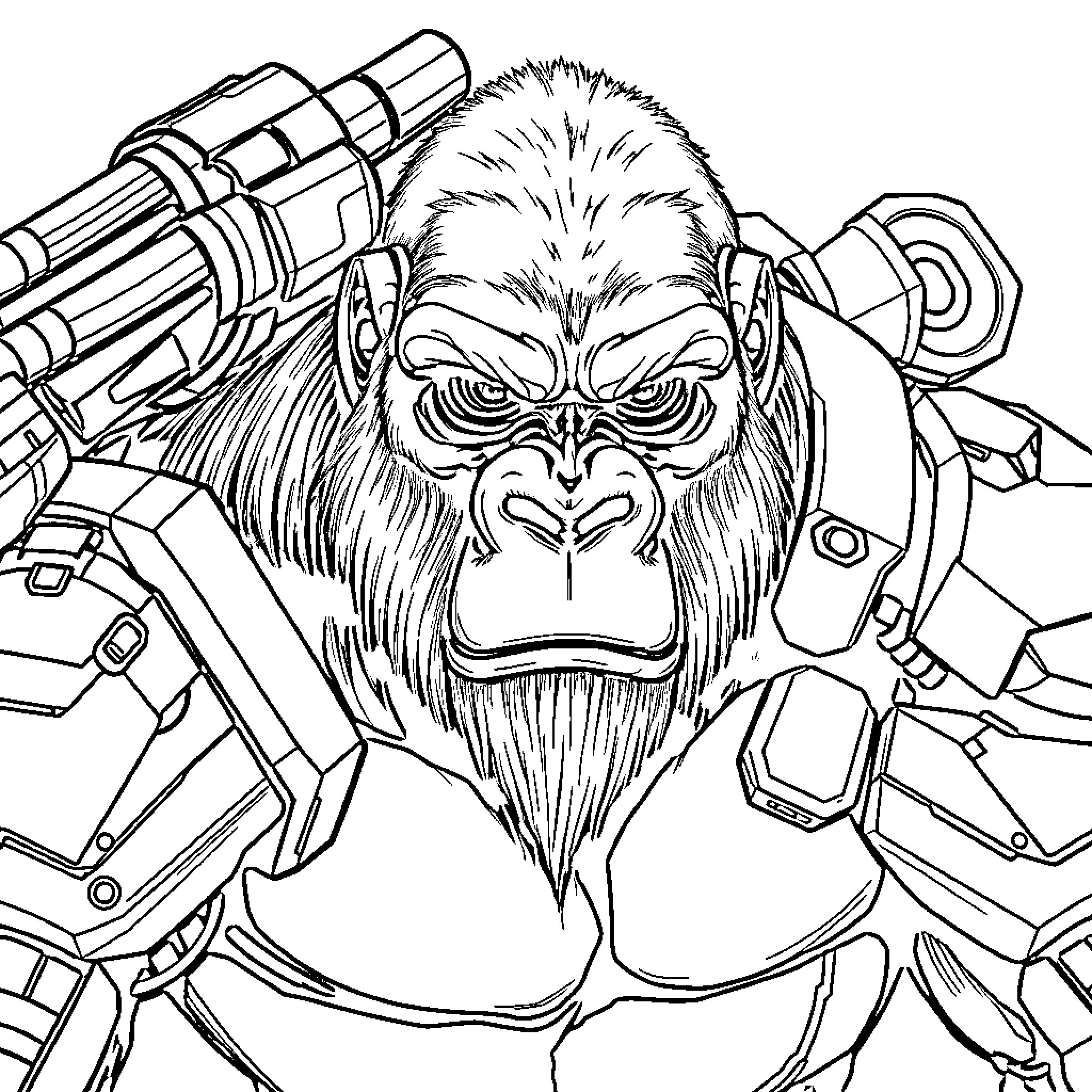 Cyborg Gorilla wielding futuristic weapons Coloring Page (free black-and-white line drawing printable PDF for all, from beginners to advanced learners, including children, teens, adults, and seniors)